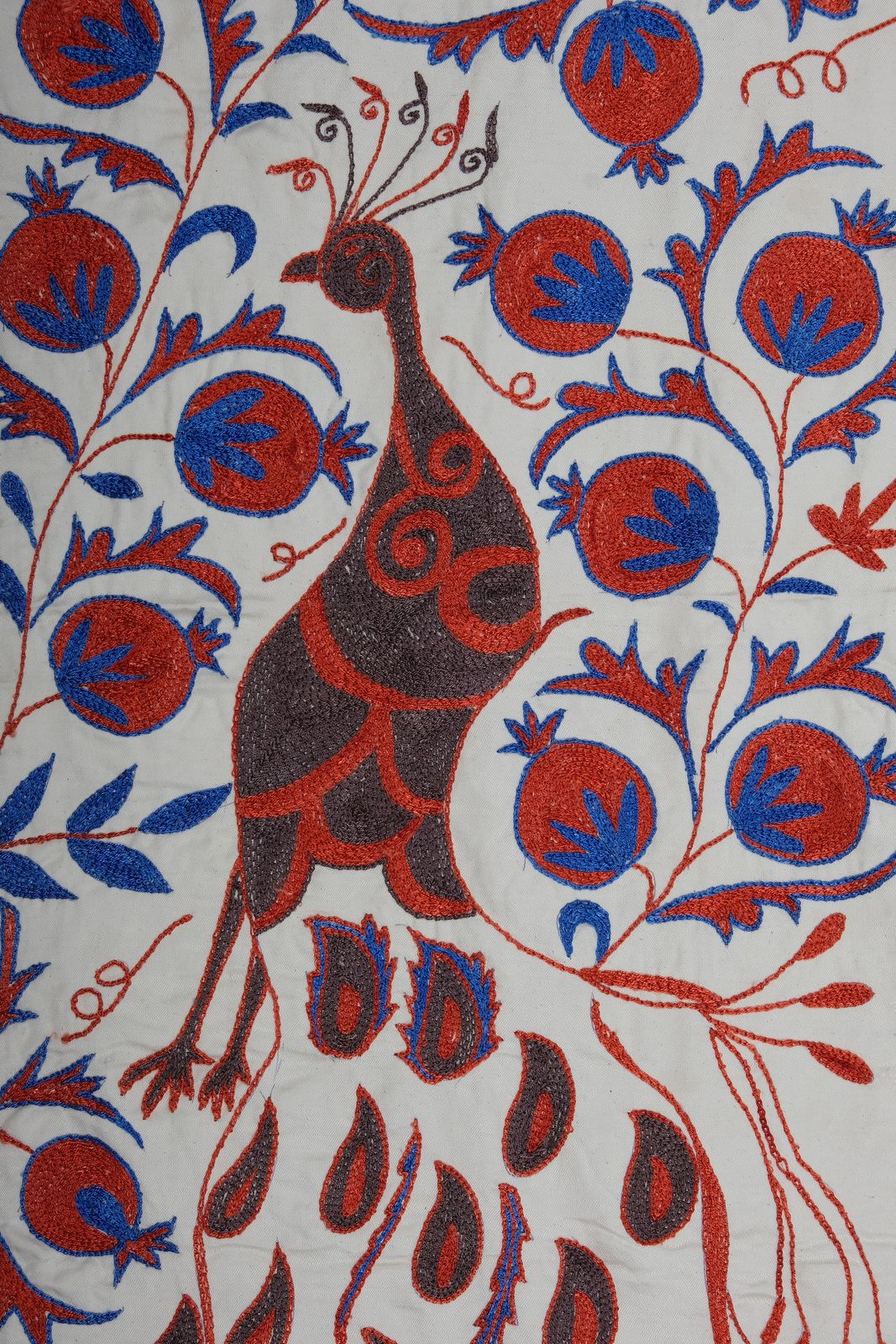 Vintage Folk Art Bird Pictorial Suzani From Uzbekistan, Uzbekistan Suzani Bedspread Wall Panel With Animal Motif 109 X 186 photo vinterior