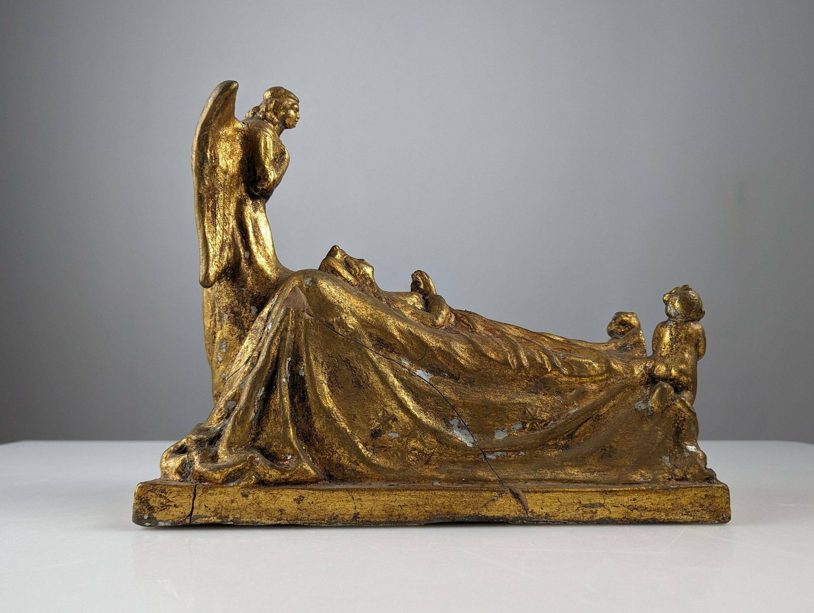 Queen And Angels Sculpture In Golden Terracotta photo for sale