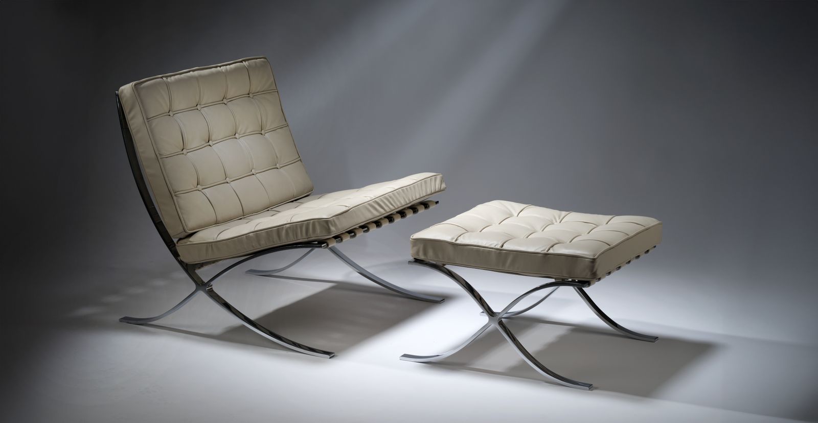 Exquisite, Fully Restored Iconic Genuine Barcelona Chair & Ottoman By Mies Van Der Rohe For Knoll Inc, Stunning Italian Ivory Leather, USA Circa 2001. photo vinterior
