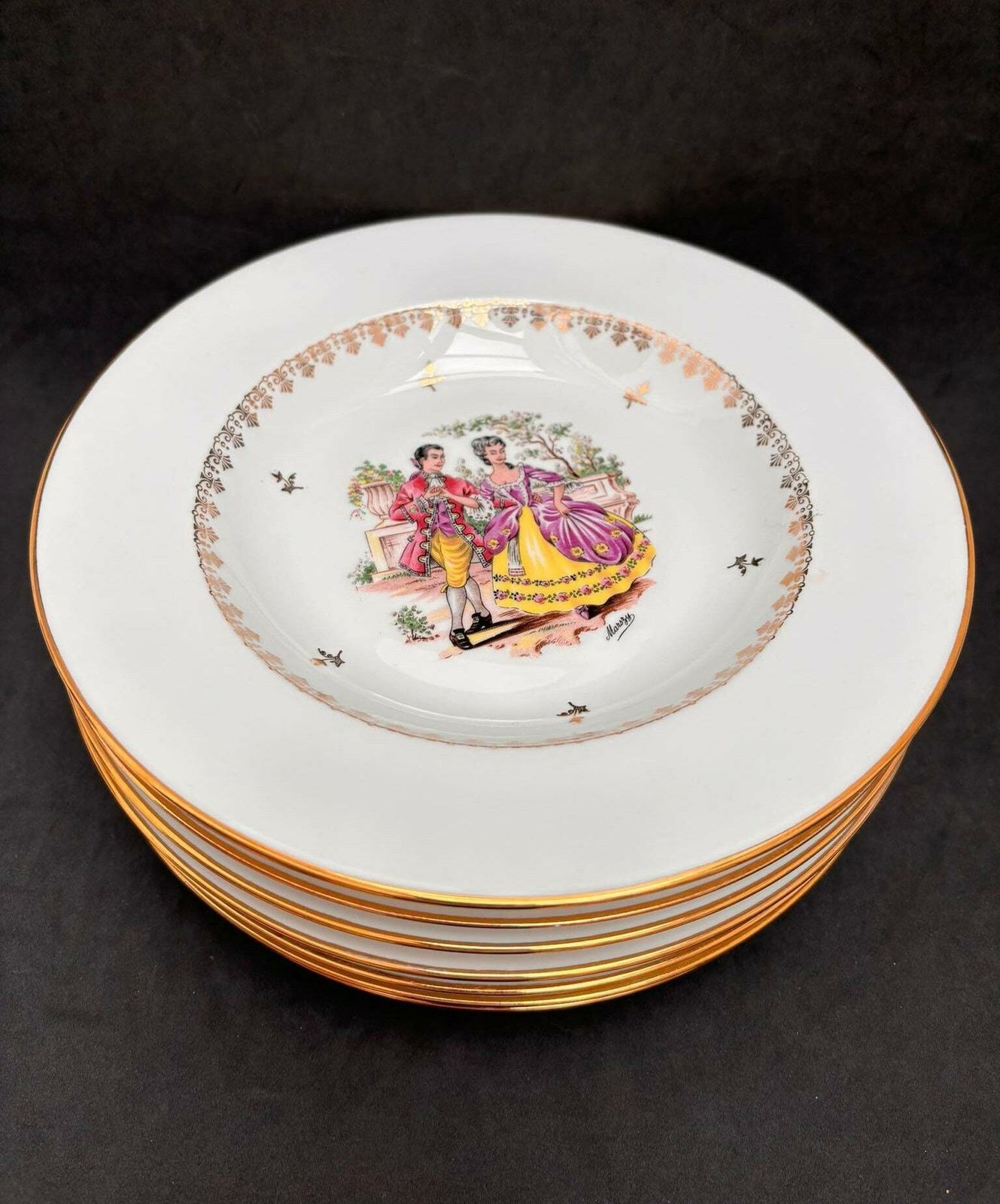 Porcelain Limoges Dinnerware Scene Gallant Soup/Pasta Plates Set 6 Scene Galante Discontinued Replacement White Golden Rim Romantic