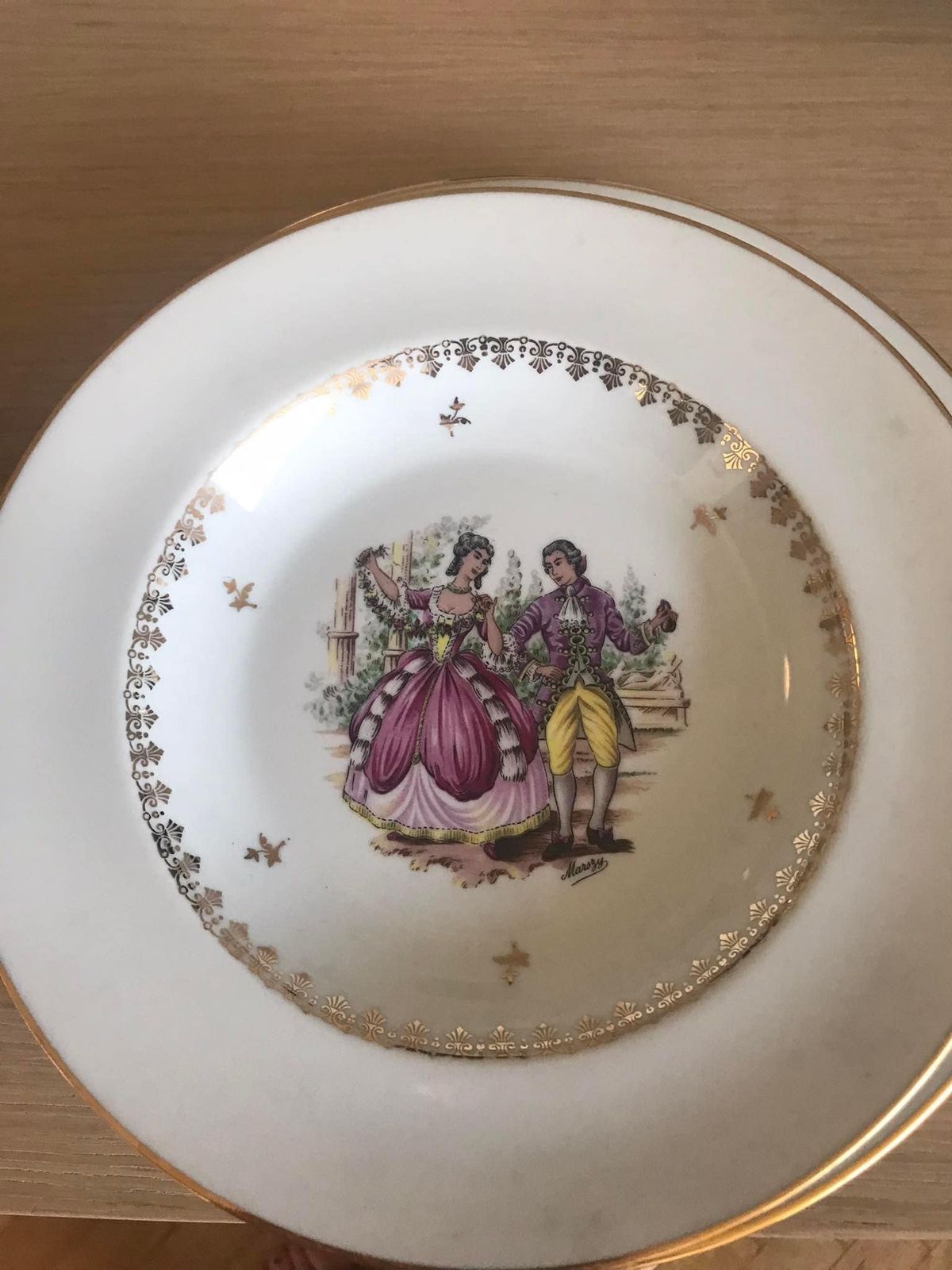 Porcelain Limoges Dinnerware Scene Gallant Soup/Pasta Plates Set 6 Scene Galante Discontinued Replacement White Golden Rim Romantic photo furniture