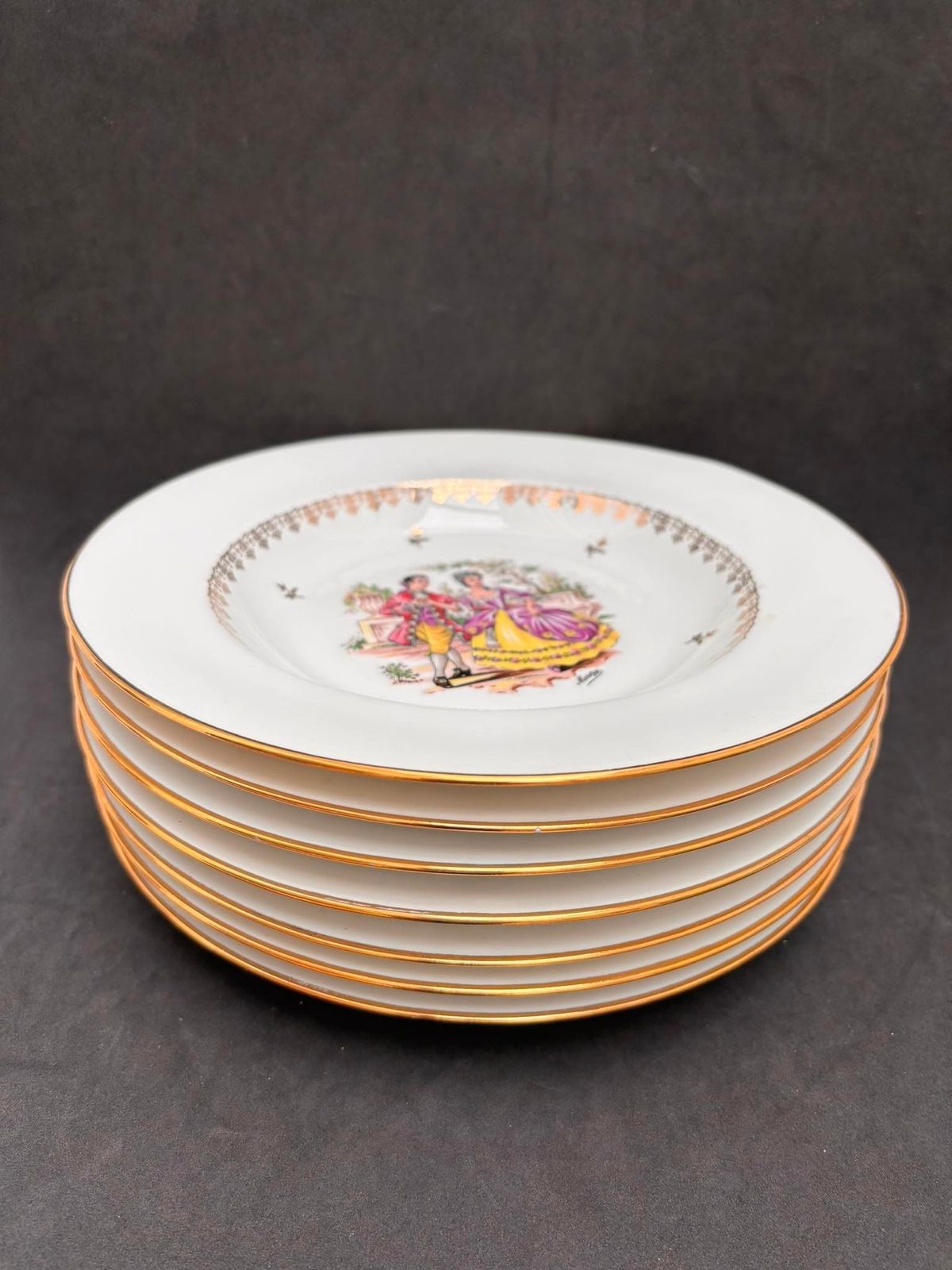 Porcelain Limoges Dinnerware Scene Gallant Soup/Pasta Plates Set 6 Scene Galante Discontinued Replacement White Golden Rim Romantic photo buy