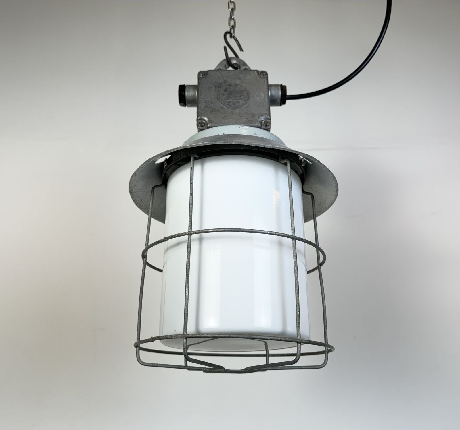 Lighting Industrial Aluminium Cage Light With Milk Glass From Elektrosvit, 1970s, 30x photo