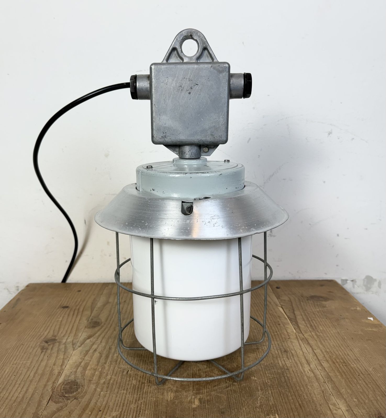 photo vinterior Industrial Aluminium Cage Light With Milk Glass From Elektrosvit, 1970s, 30x
