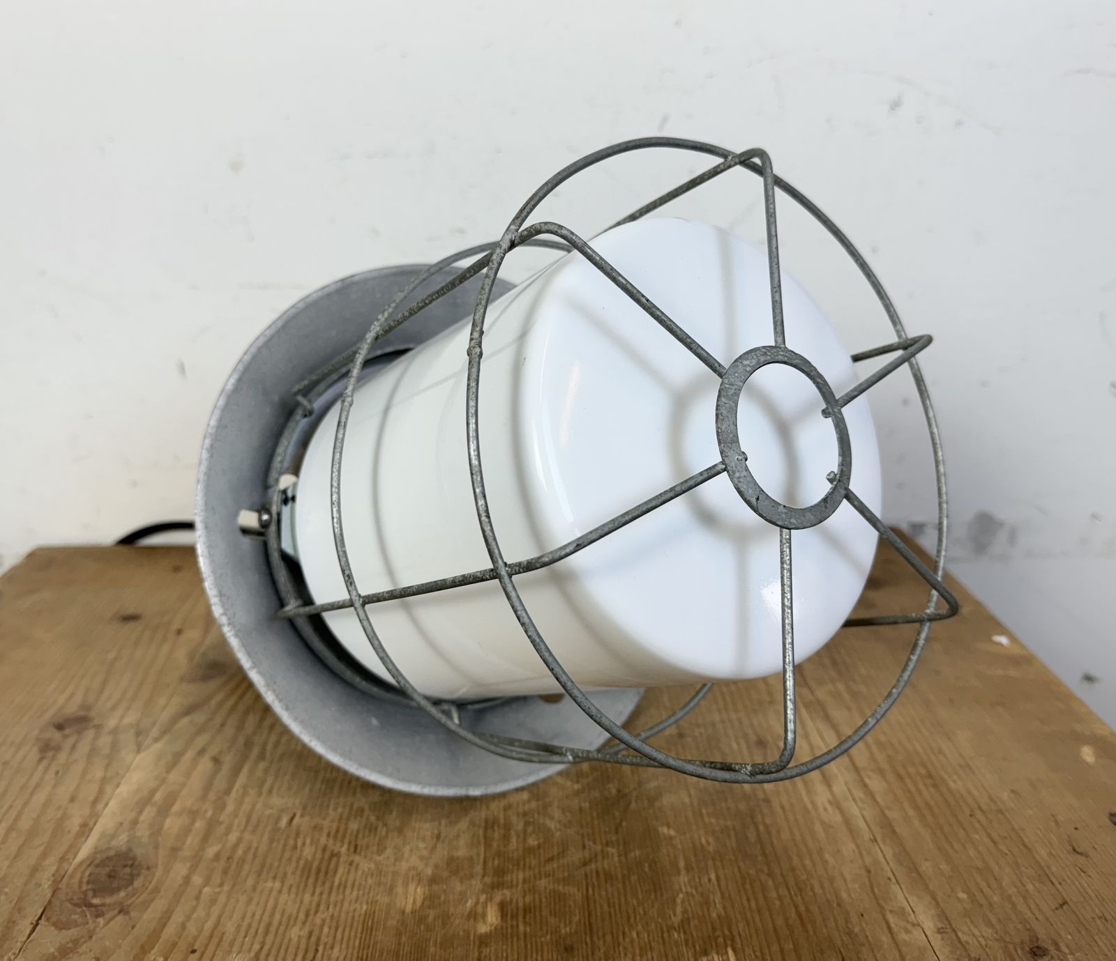 photo buy Industrial Aluminium Cage Light With Milk Glass From Elektrosvit, 1970s, 30x