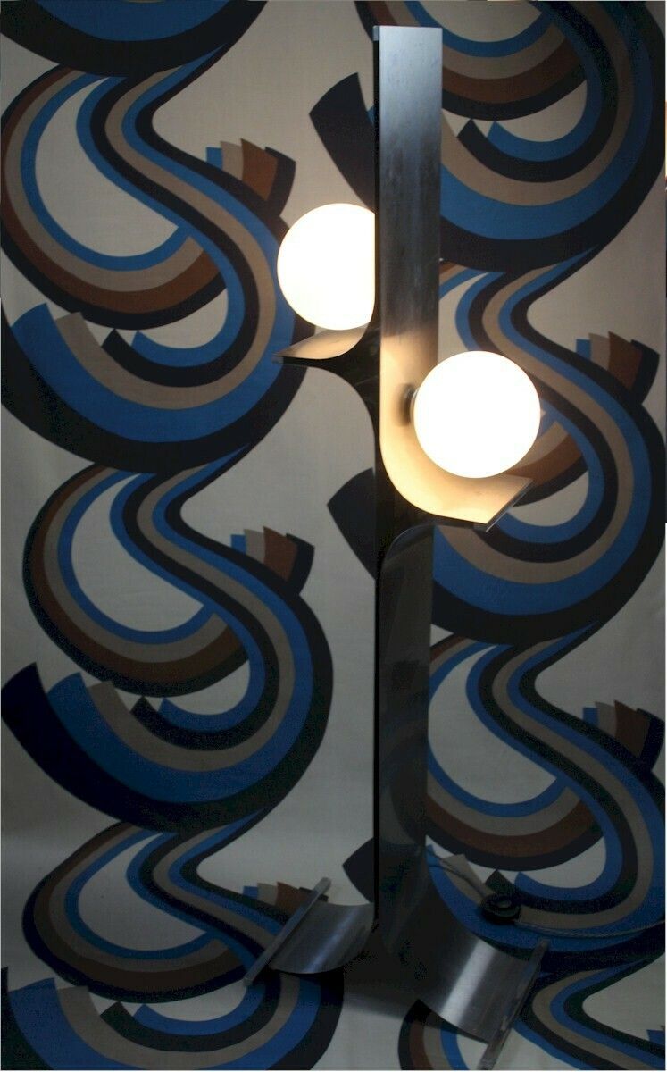 A Roll Of 1970,S Fabric Swirling Blue And Brown Geometric Pattern