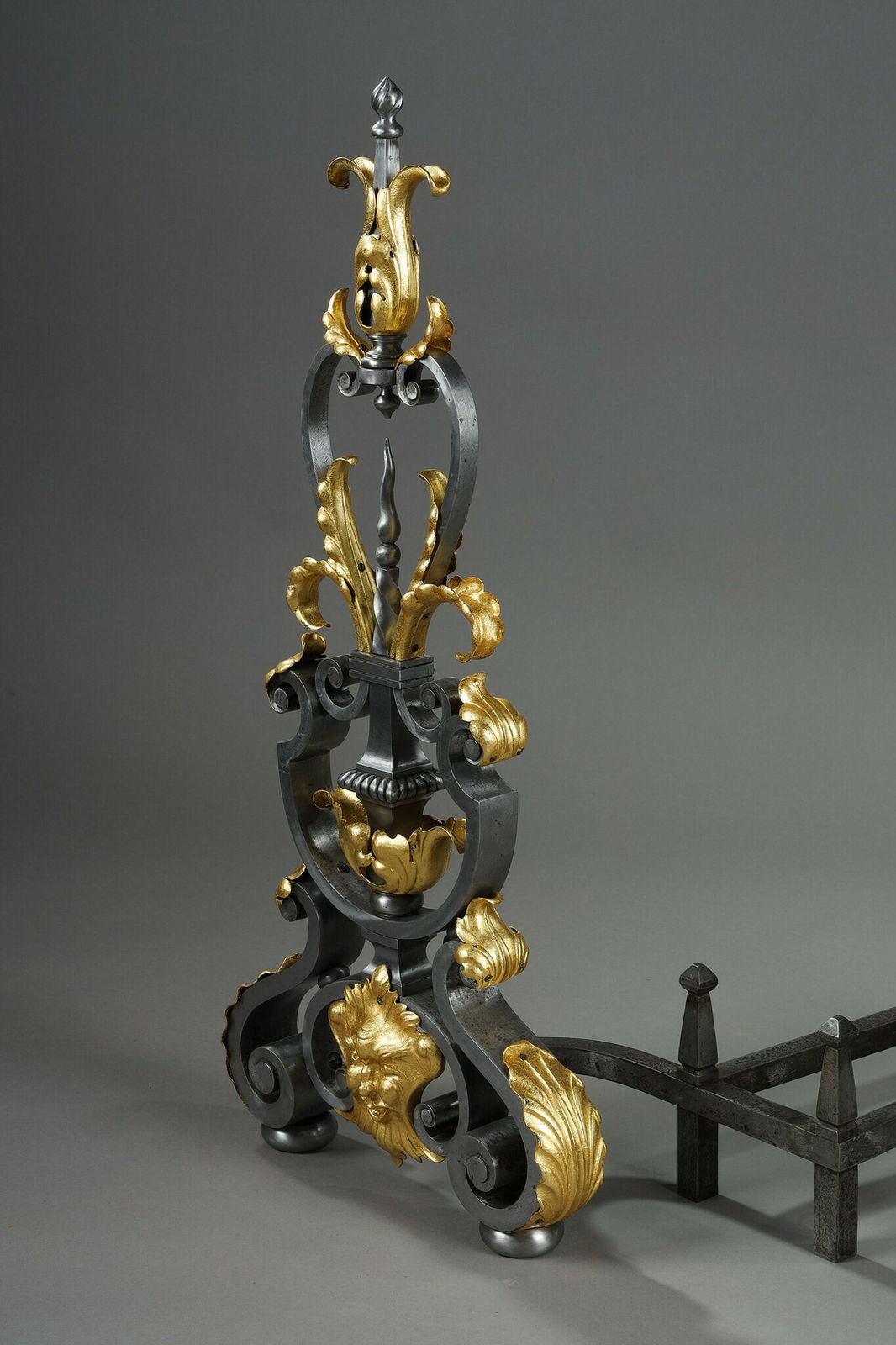 Home Decor Pair Of Wrought Iron Landiers With Foliage, Mask And Scroll Decoration photo