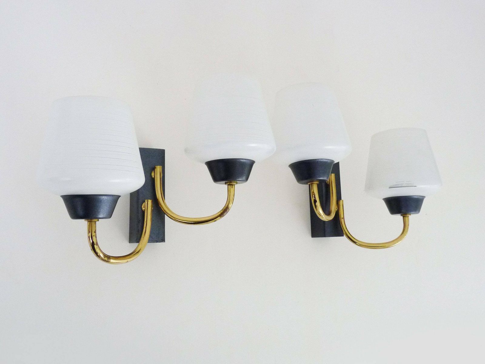 Pair Of Vintage Maison Arlus Wall Lights From The 1950s In Brass, Glass Globe. photo for sale