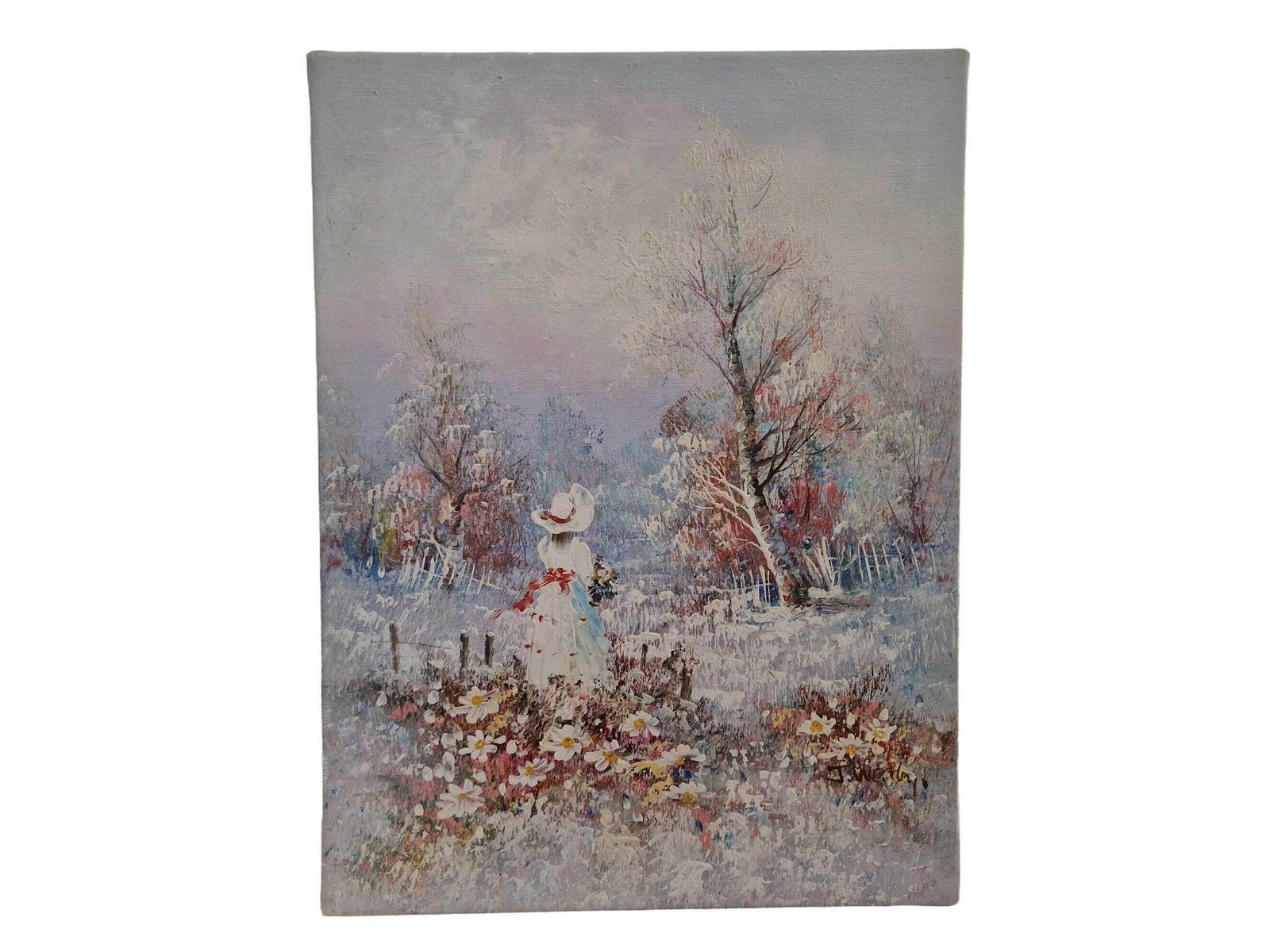 Vintage Impressionist Lady Oil Painting, Victorian Woman In Romantic Country Landscape, Original Signed Wall Art