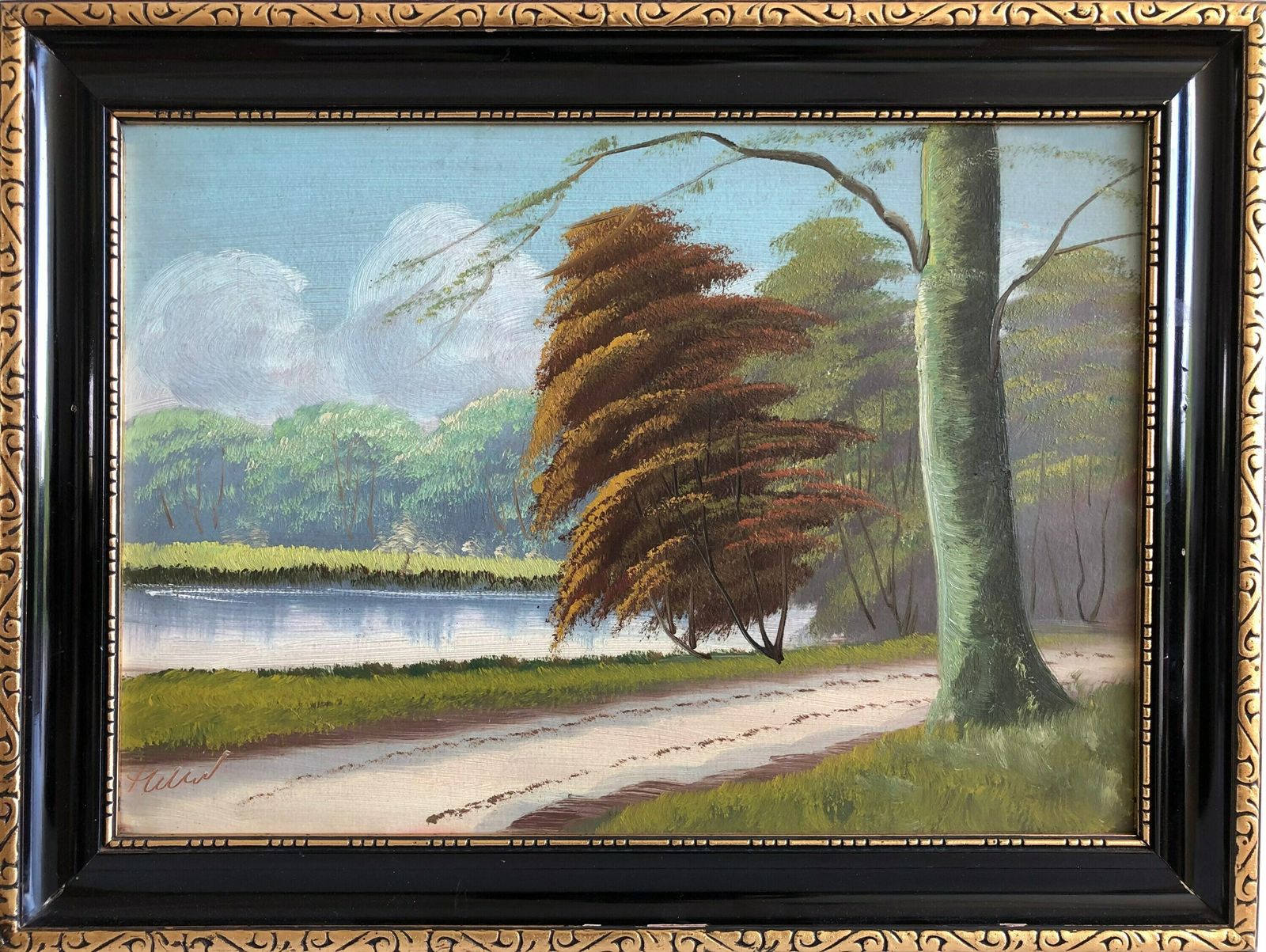 Danish Naturalist Landscape Painting In Beautiful Light With Motive Of Path At A Lake With Trees photo for sale