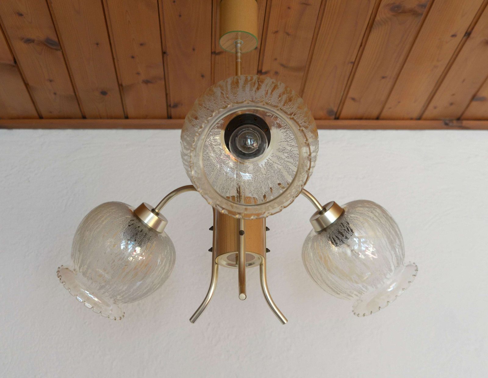 Vintage Pendant Light / Hanging Lamp / Gooseneck Chandelier / Mid Century Light Fixture / Yugoslavia 1960s / Amber Glass