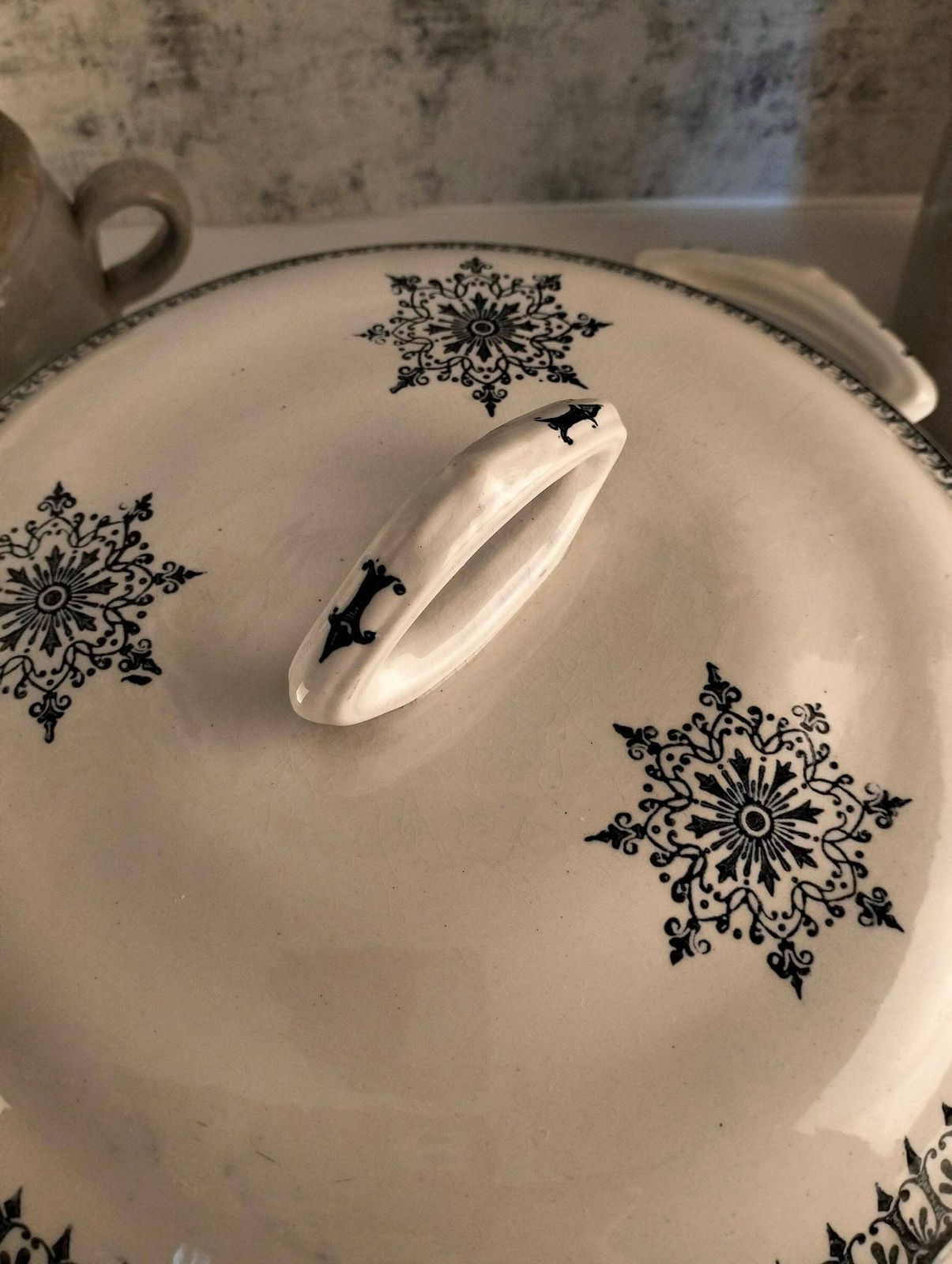 Antique French Earthenware Soup Tureen, Blue Floral Transferware Soupière, Lidded Serving Bowl, St Amand Porcelain photo for sale
