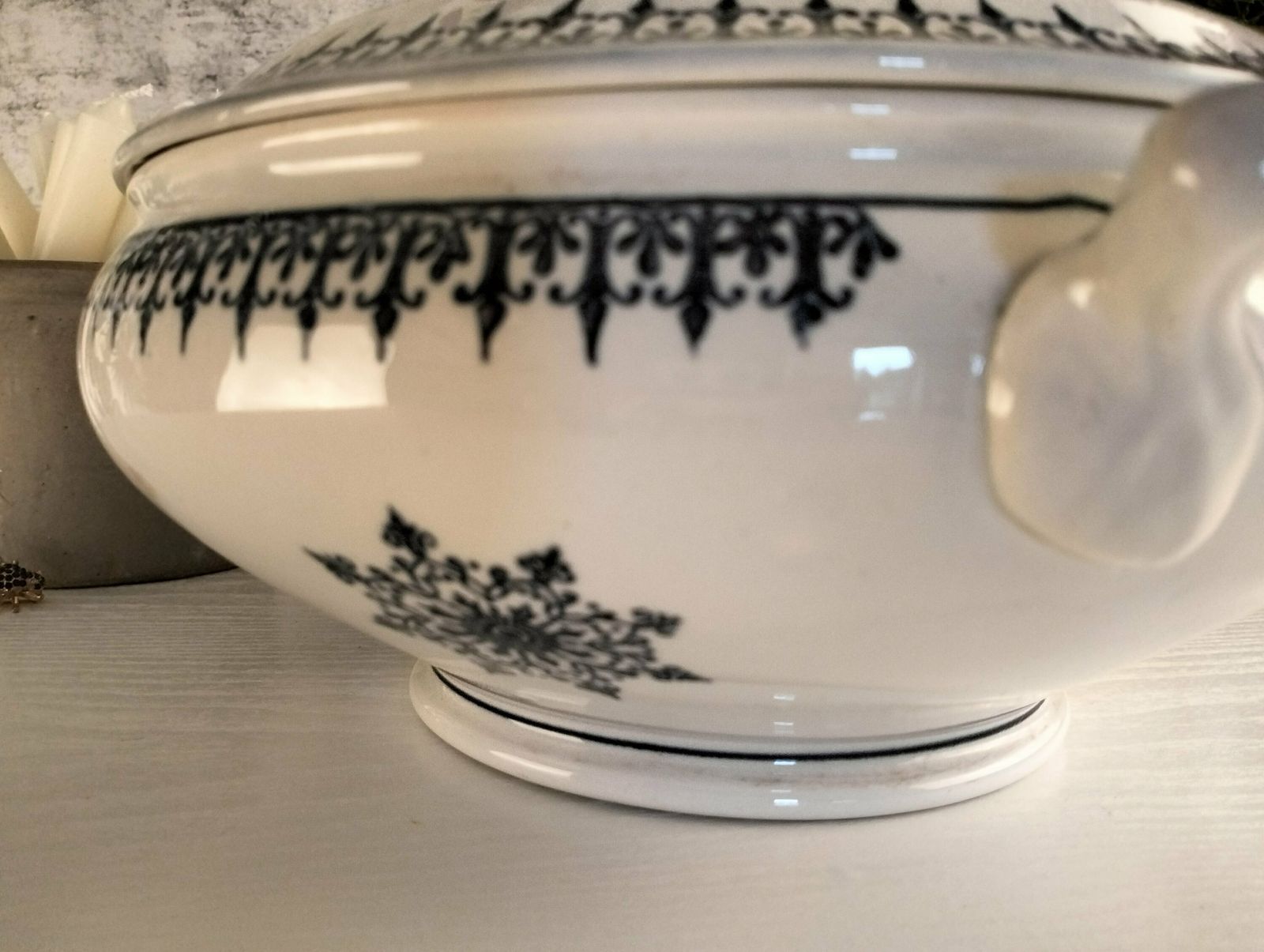 Antique French Earthenware Soup Tureen, Blue Floral Transferware Soupière, Lidded Serving Bowl, St Amand Porcelain photo buy
