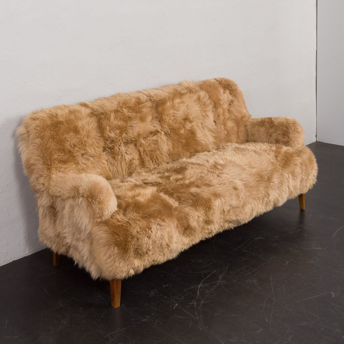 photo for sale Peter Hvidt & Orla Mølgaard Nielsen, Fritz Hansen Three Seater Sofa In Long Sheepskin