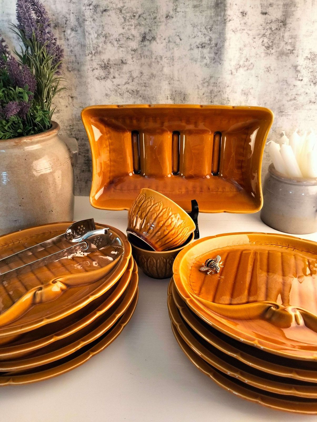 French Asparagus Serving Set, Vintage Vegetable Serving Set, French Antique Asparagus Platter And Plates, Asparagus Set With Original Box