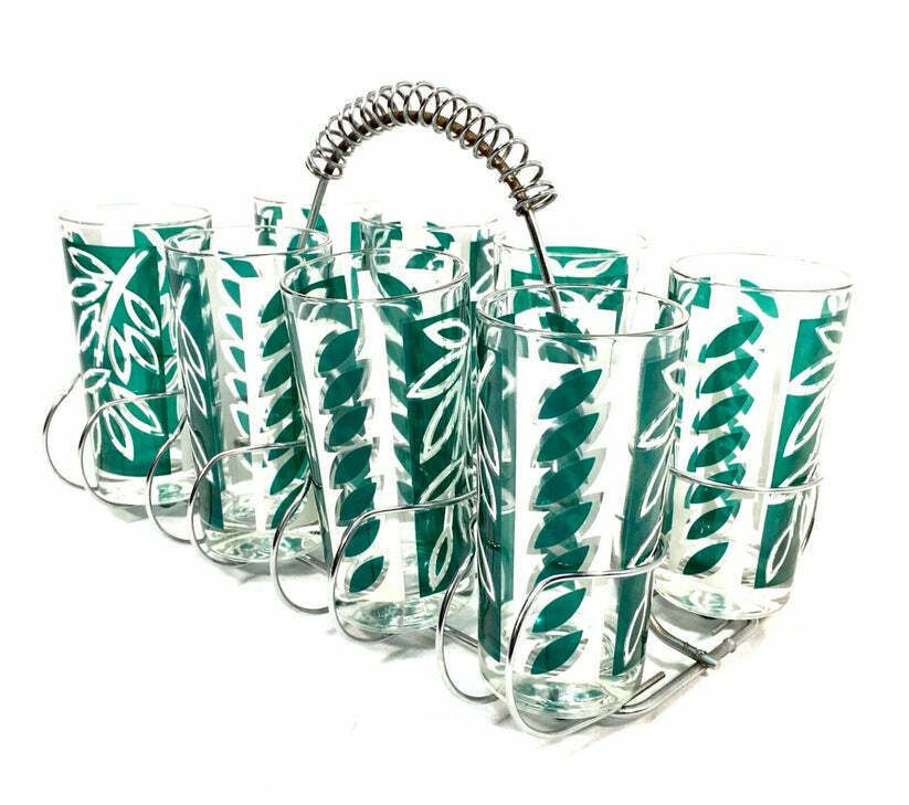 Vintage Mid 20th Century Green Glass Tumbler Drinking Set Chrome Carrier / Retro photo Home Decor