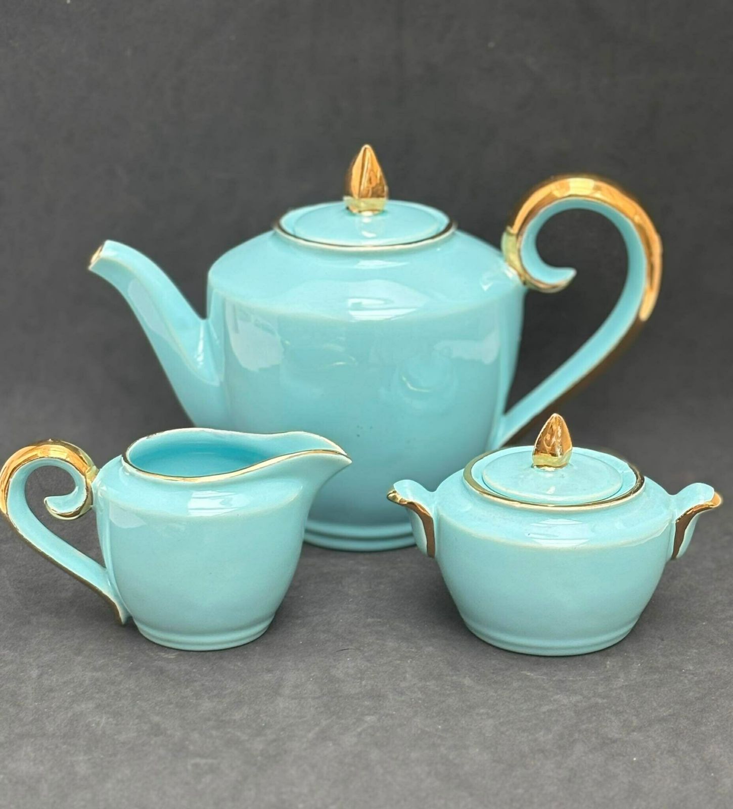Aqua Coffee Tea Belgian Pottery Teapot Sugar Bowl Creamer Cups Turquoise And Gold 24 K 1920s Bayer Blue Green Tiffany Belgian Wedding Gift photo for sale