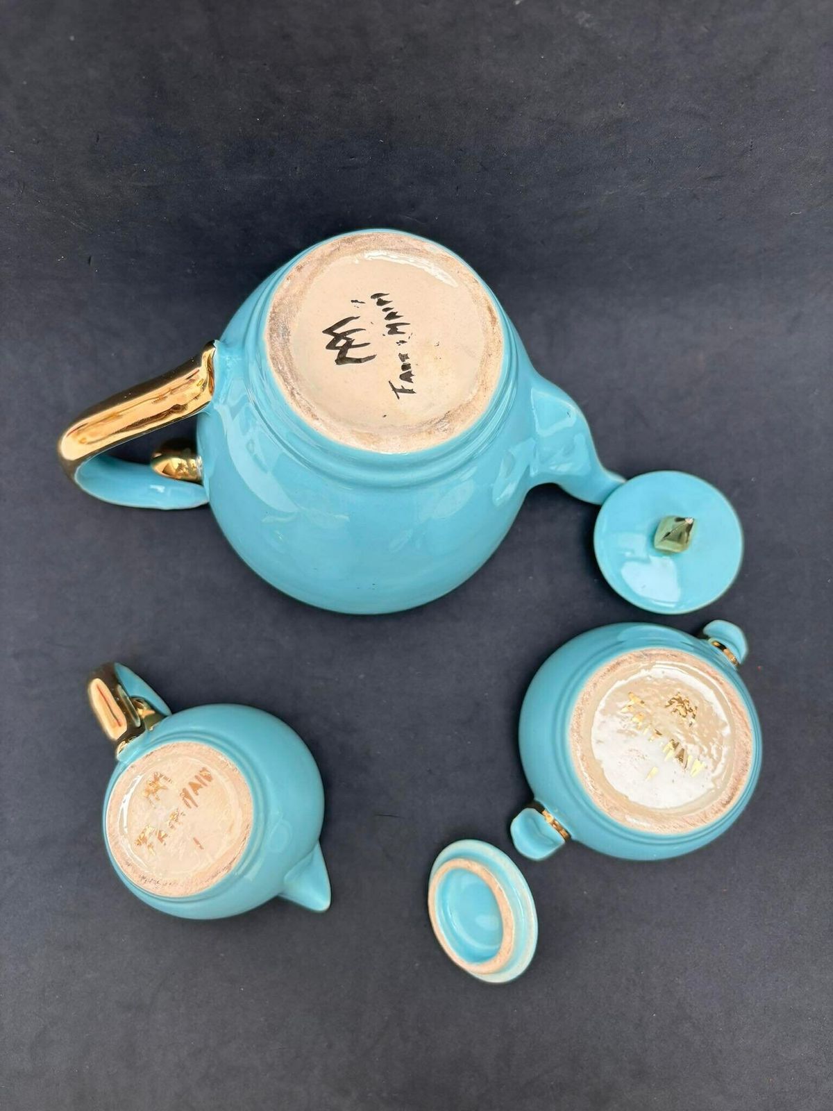 Aqua Coffee Tea Belgian Pottery Teapot Sugar Bowl Creamer Cups Turquoise And Gold 24 K 1920s Bayer Blue Green Tiffany Belgian Wedding Gift photo Home Decor