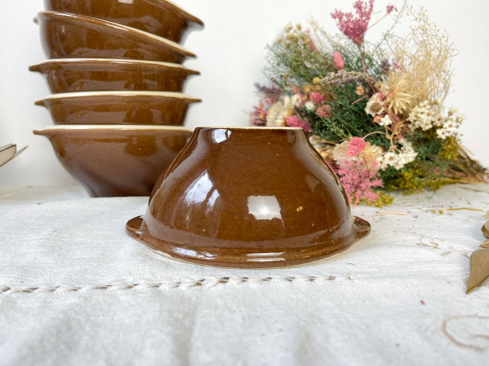 6 Brown Glazed Stoneware Onion Soup Bowls ~ Vintage Ceramic Bowls ~ Stoneware Bowls ~ Vintage Tableware ~ Vintage Soup Bowls photo 63.0