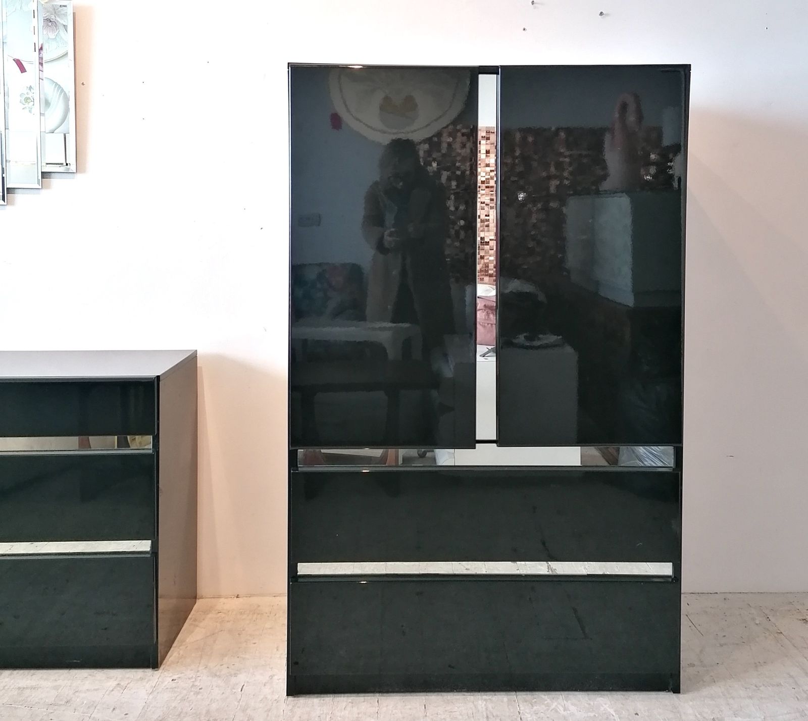 Vintage Post Modern Deco Revival Black Lacquer Tall Cabinet / Tallboy, USA 1980s photo furniture
