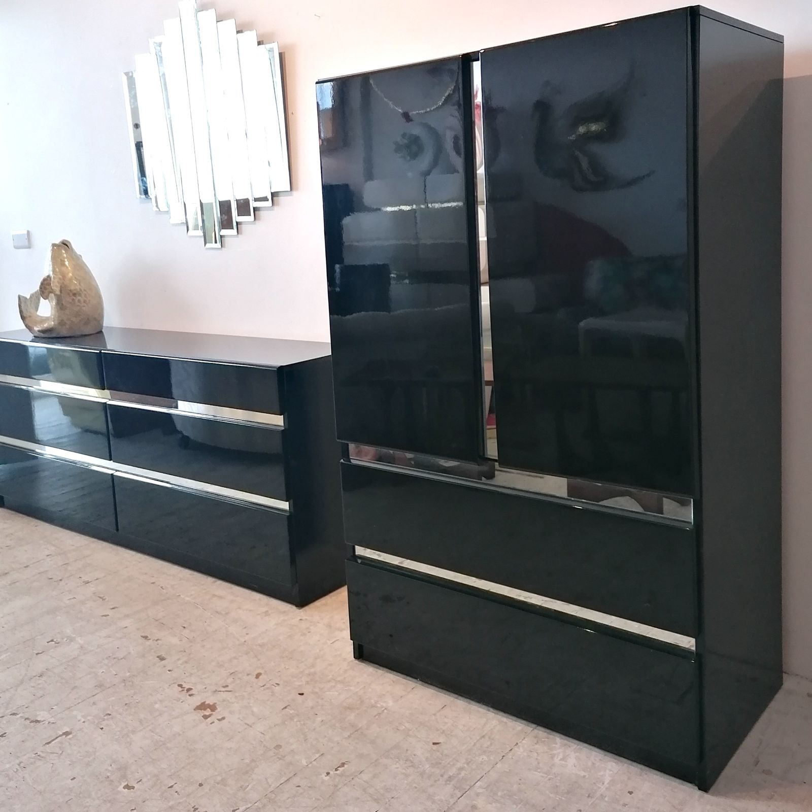 photo for sale Vintage Post Modern Deco Revival Black Lacquer Tall Cabinet / Tallboy, USA 1980s