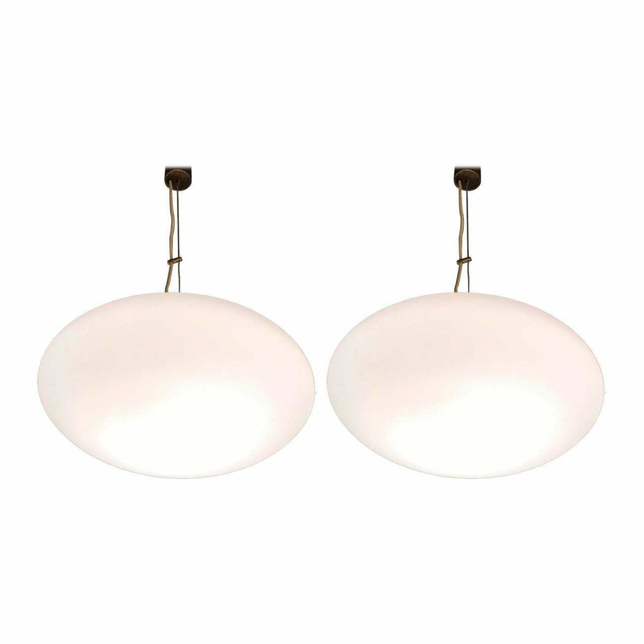 Stilnovo Couple Chandeliers Opaline Glass Brass, 1950, Italy