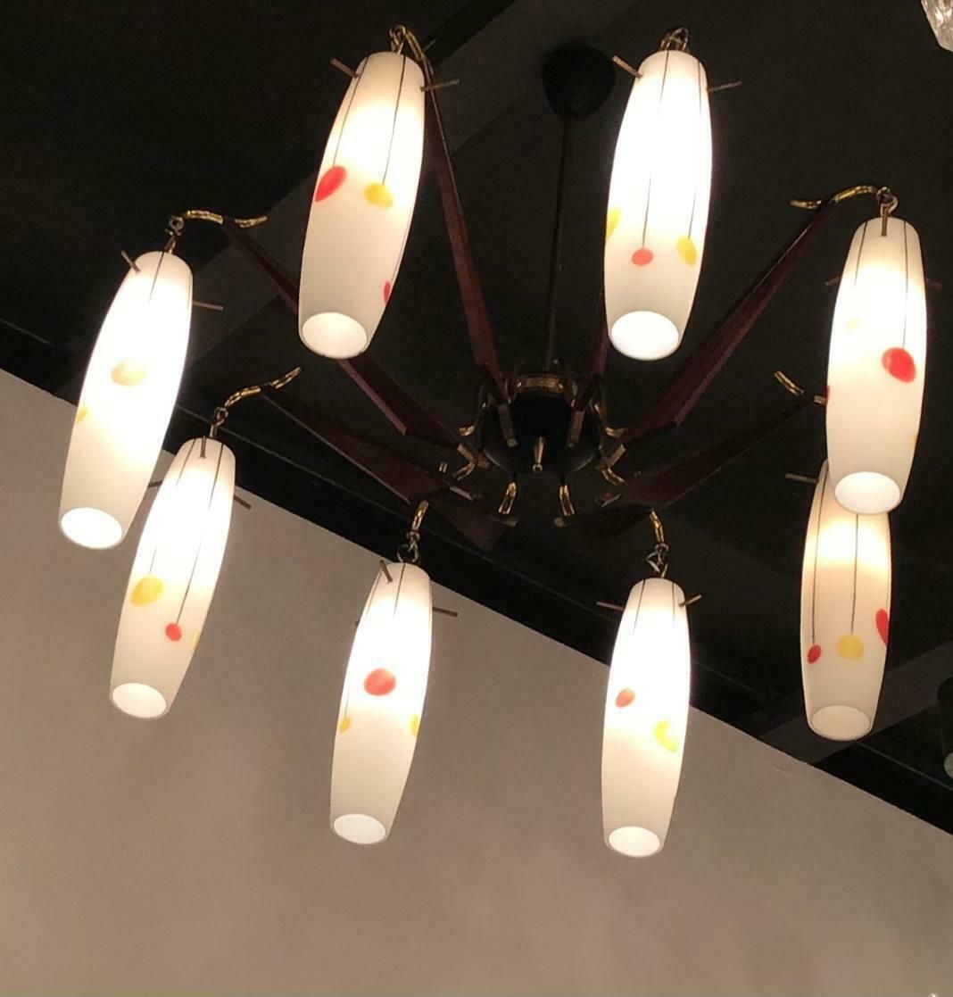 Stilnovo Chandelier Brass Wood Opaline Glass 1955 Italy photo 2091.0