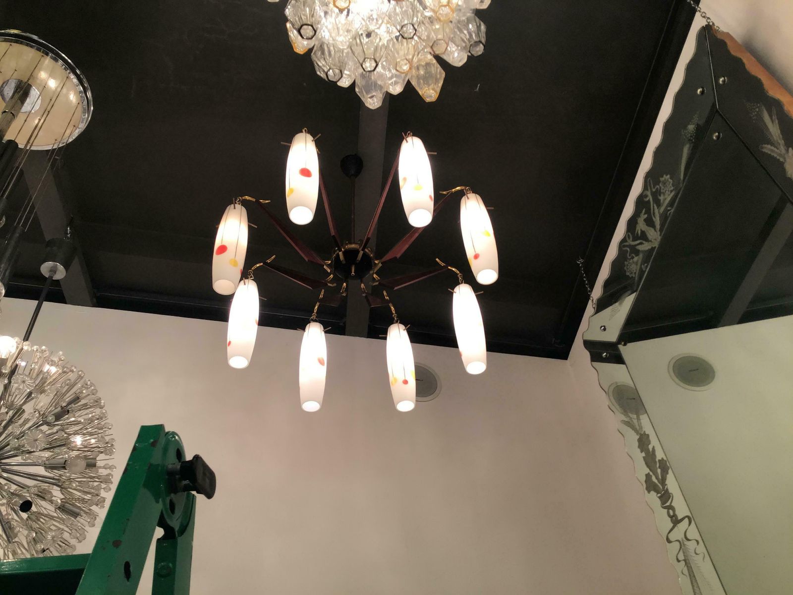 2091.0 Stilnovo Chandelier Brass Wood Opaline Glass 1955 Italy photo