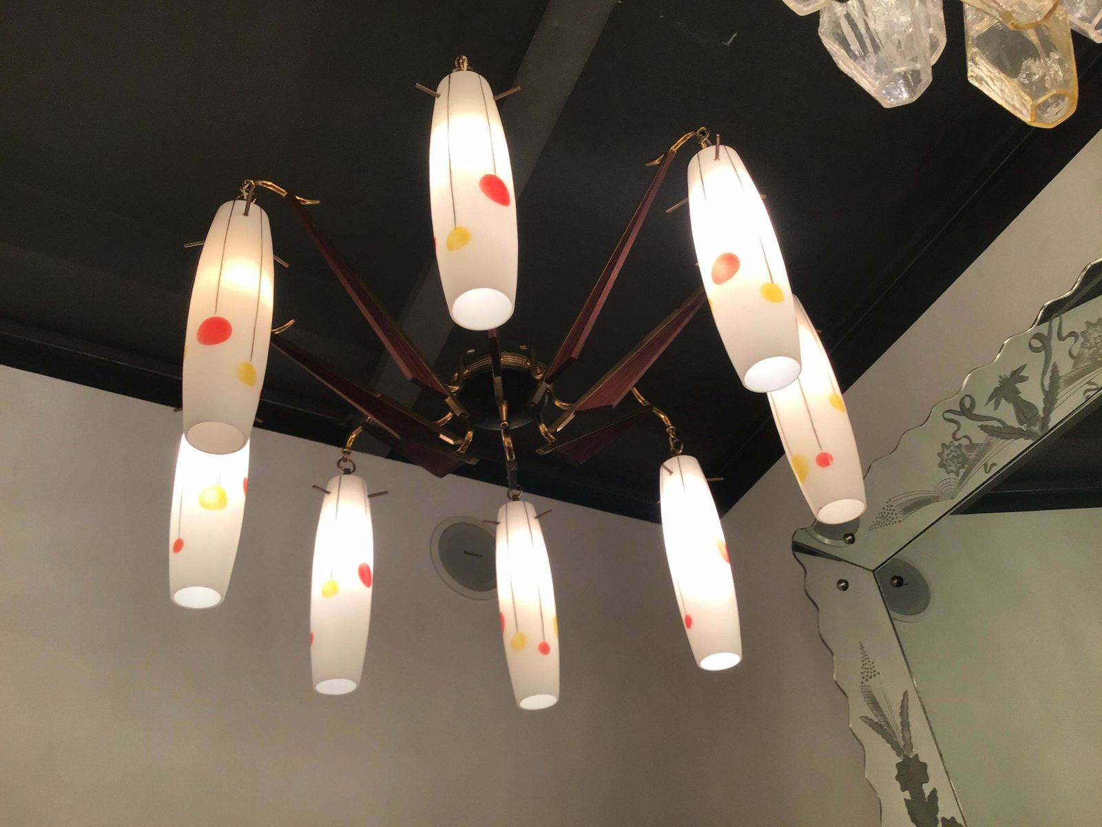 photo buy Stilnovo Chandelier Brass Wood Opaline Glass 1955 Italy