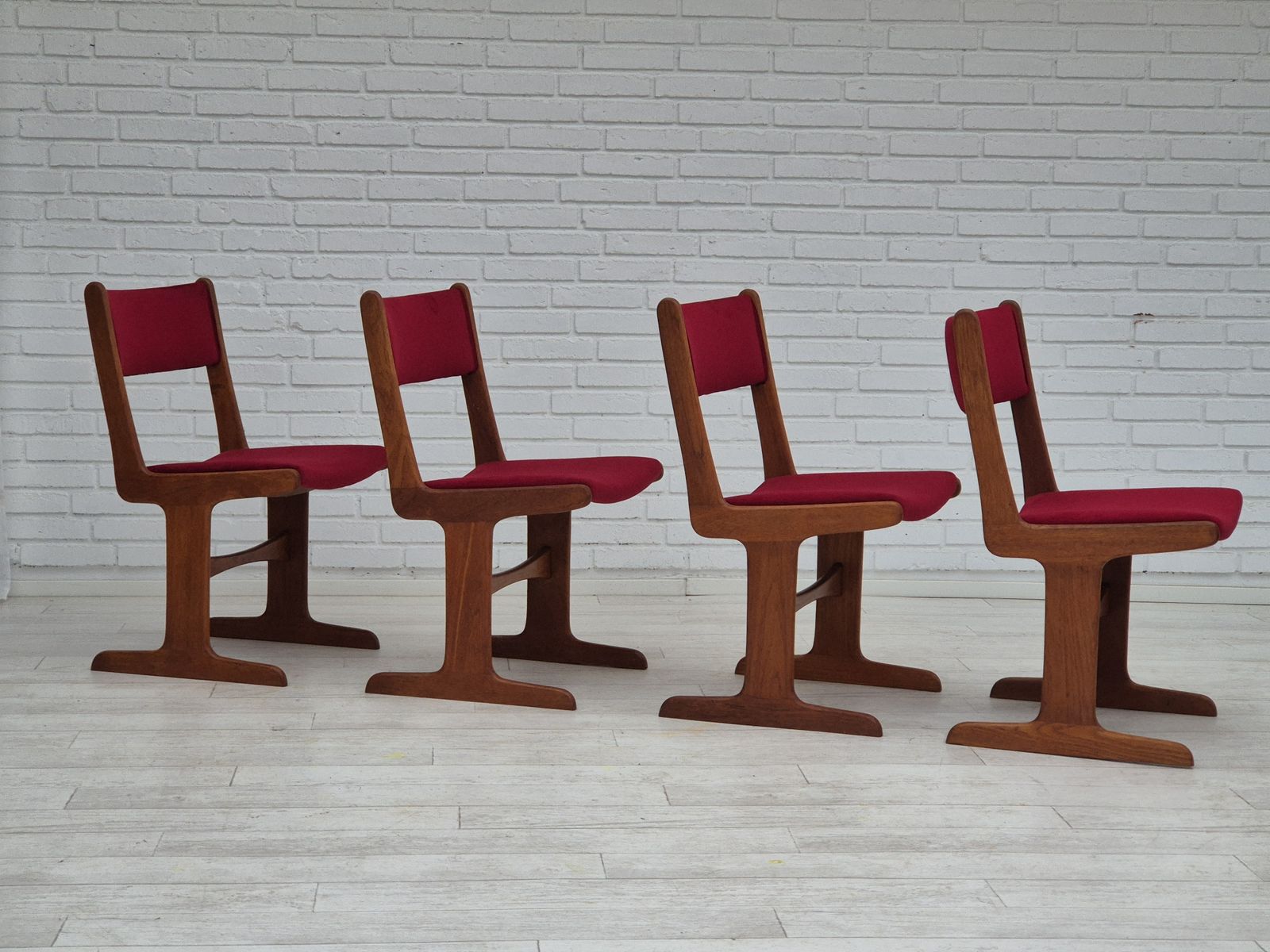 1970s, Set Of 4 Reupholstered Danish Chairs, Teak Wood, Cherry Red Furniture Velour. photo furniture