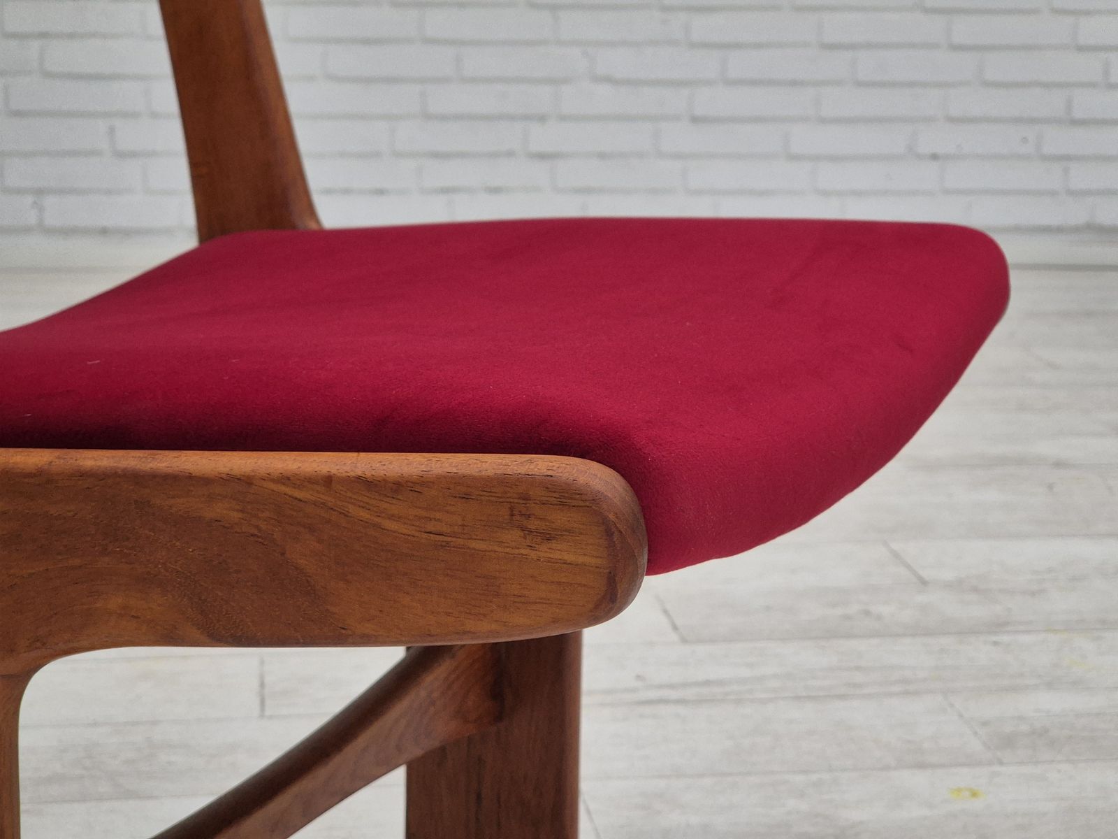 photo for sale 1970s, Set Of 4 Reupholstered Danish Chairs, Teak Wood, Cherry Red Furniture Velour.