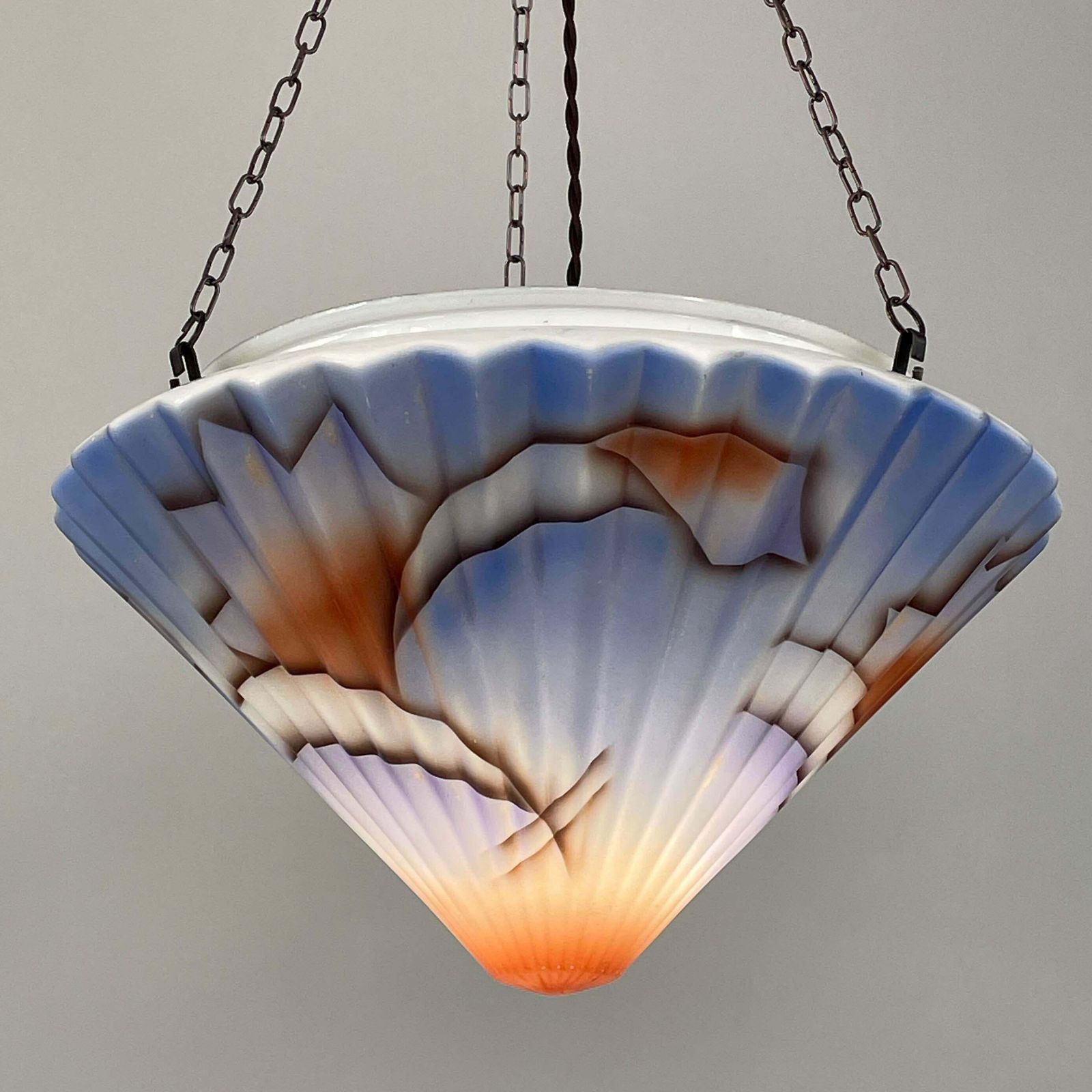 photo vintage Art Deco Suspension Light, Enameled Glass And Bronzed Brass, Germany 1930s