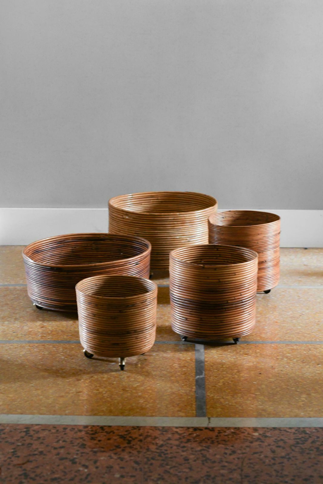 Set Of 5 Rattan Pot Holders With Wheels, Italy 1980 photo furniture