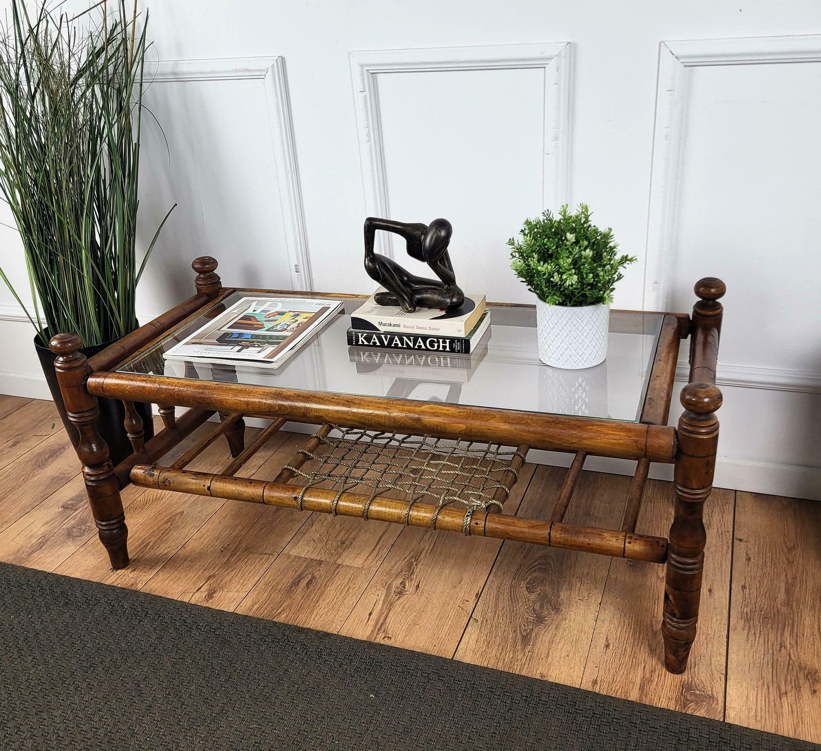 Antique Italian Walnut Glass Top And Rope Carved Turned Coffee Table Side Table photo furniture