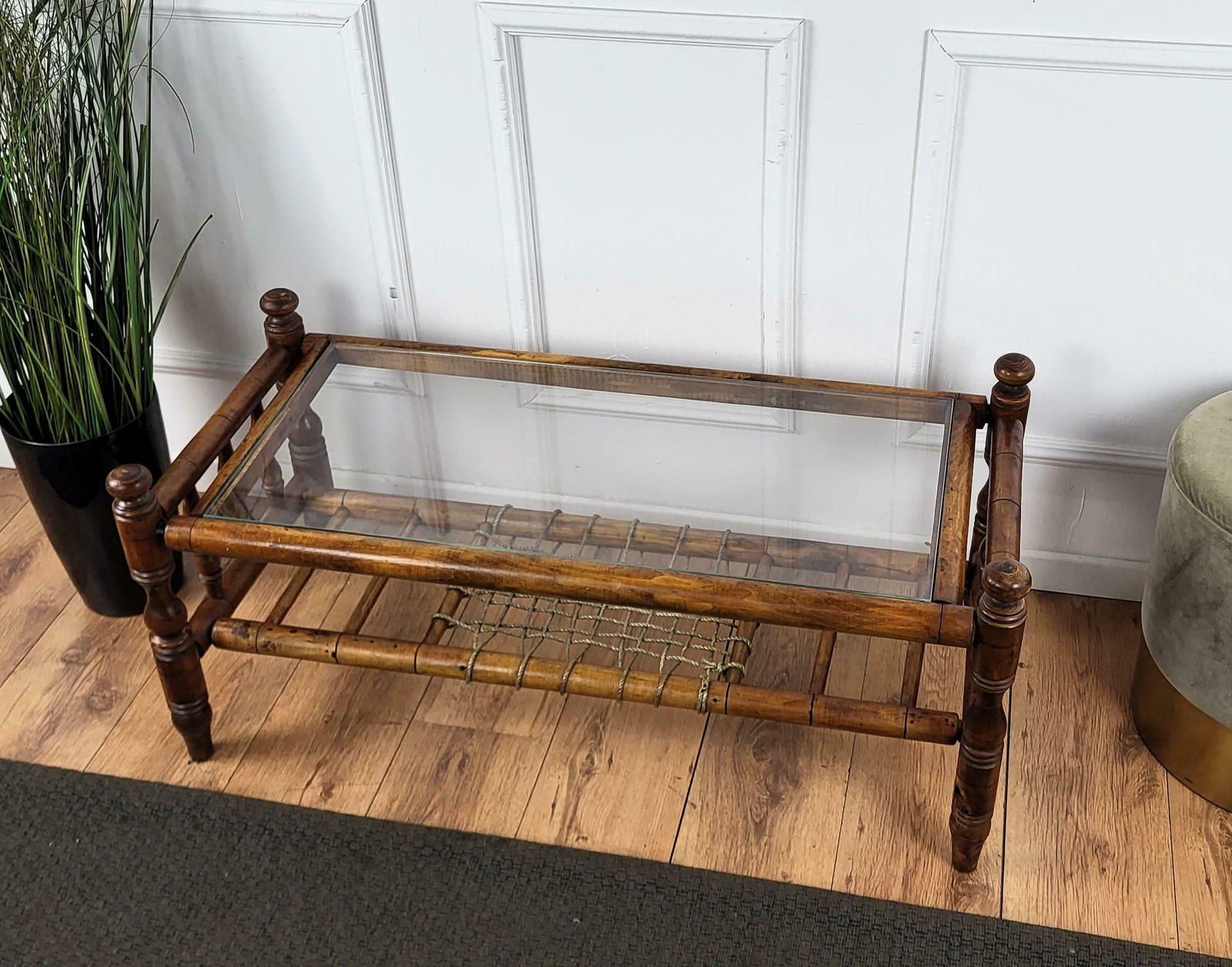 Antique Italian Walnut Glass Top And Rope Carved Turned Coffee Table Side Table photo vinterior