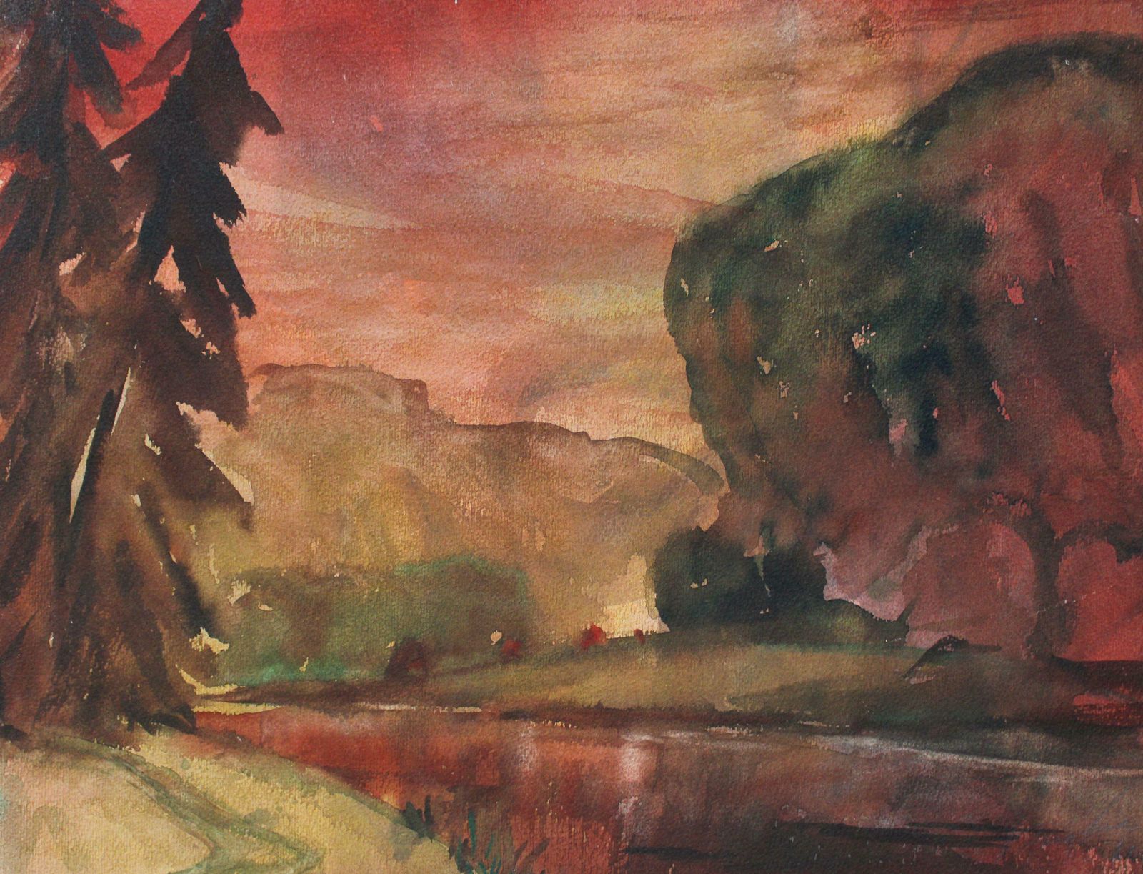 Dzidra Ezergaile Scarlet Sunset. Bilateral. Paper, Watercolor, 26.5x35 Cm 1966