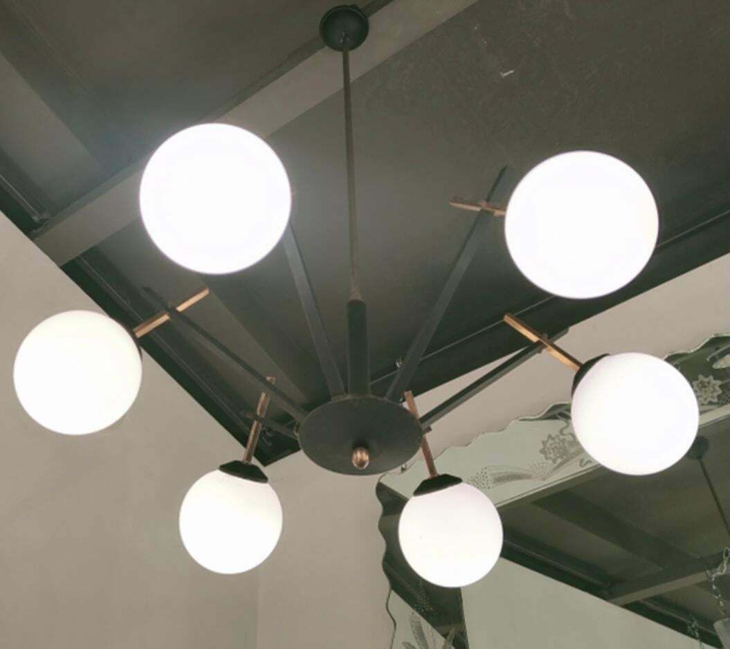 Stilnovo Chandelier Brass Iron Opaline Glass, 1950, Italy photo vinterior