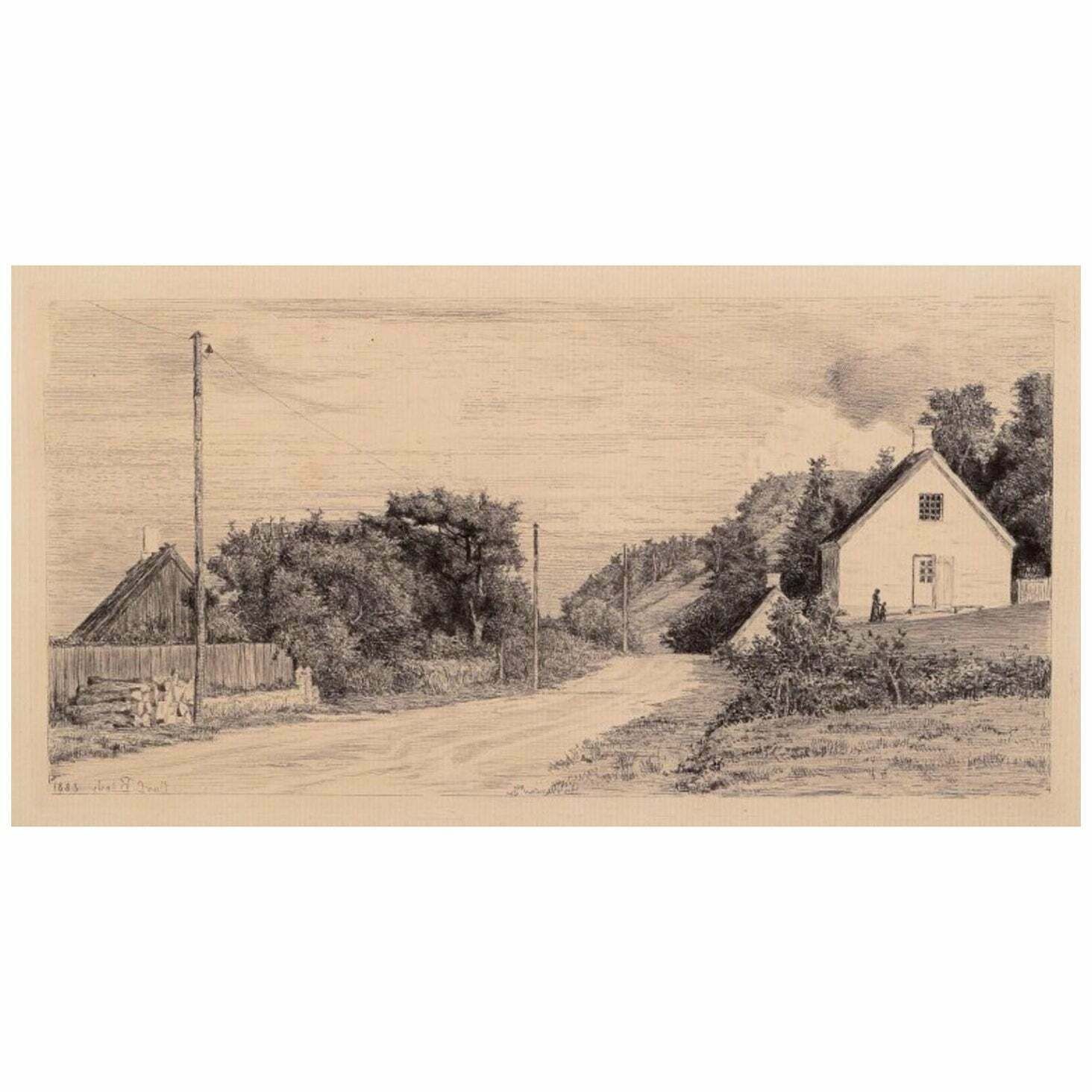 Carl Bloch (1834–1890). Etching On Paper. Houses By The Road.