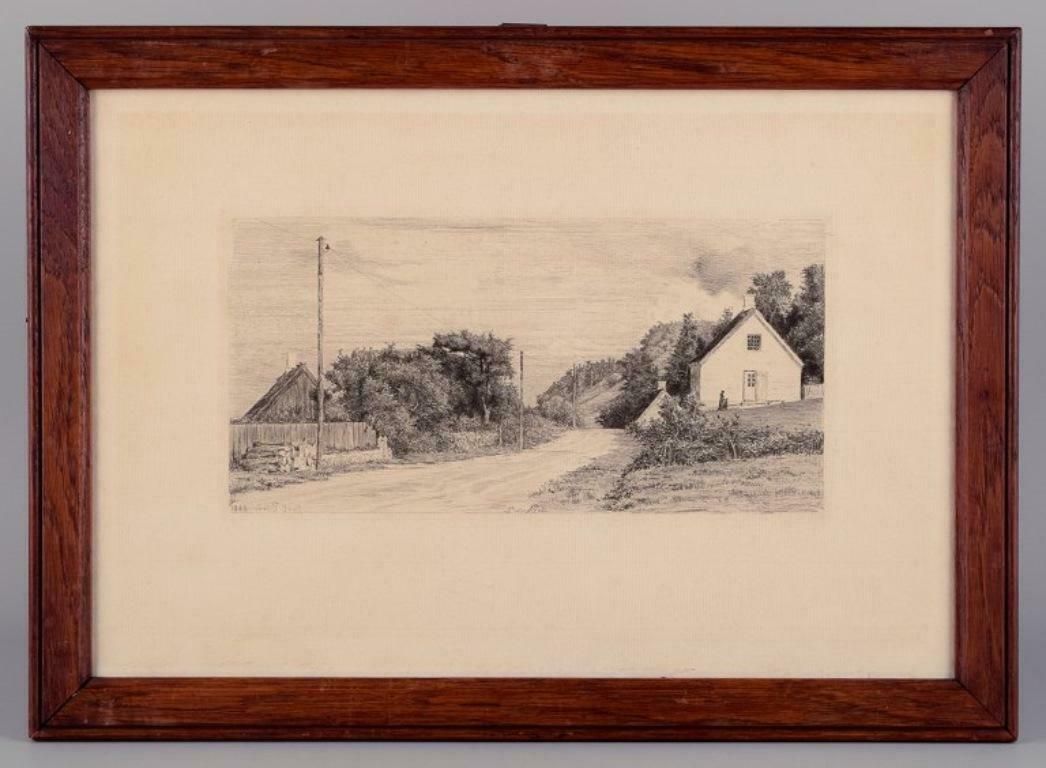 Carl Bloch (1834–1890). Etching On Paper. Houses By The Road. photo furniture