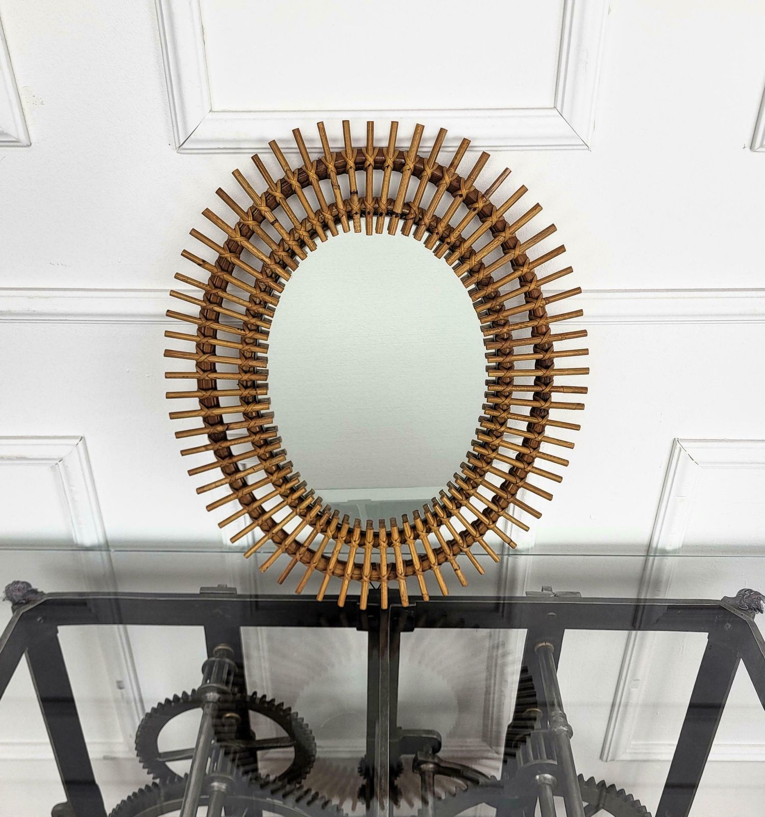 1970s Italian Bamboo Rattan Bohemian French Riviera Small Oval Wall Mirror photo vinterior