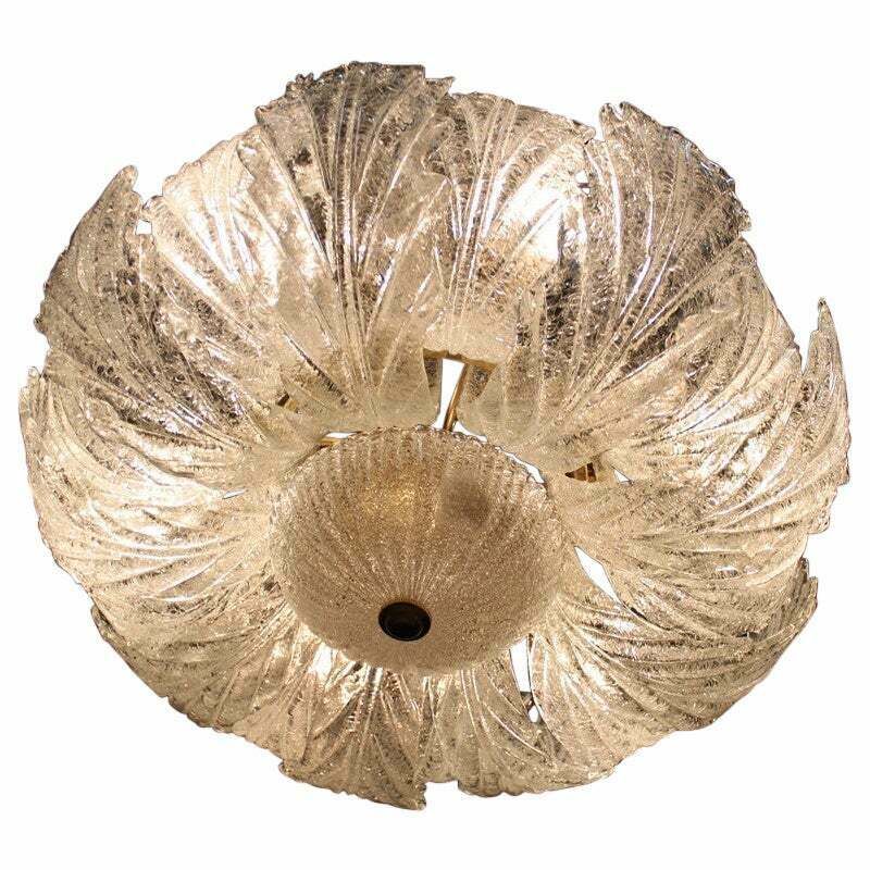 Round Italian Flowered Chandelier From The 70s In Murano Glass. Brass Parts With Golden Plate