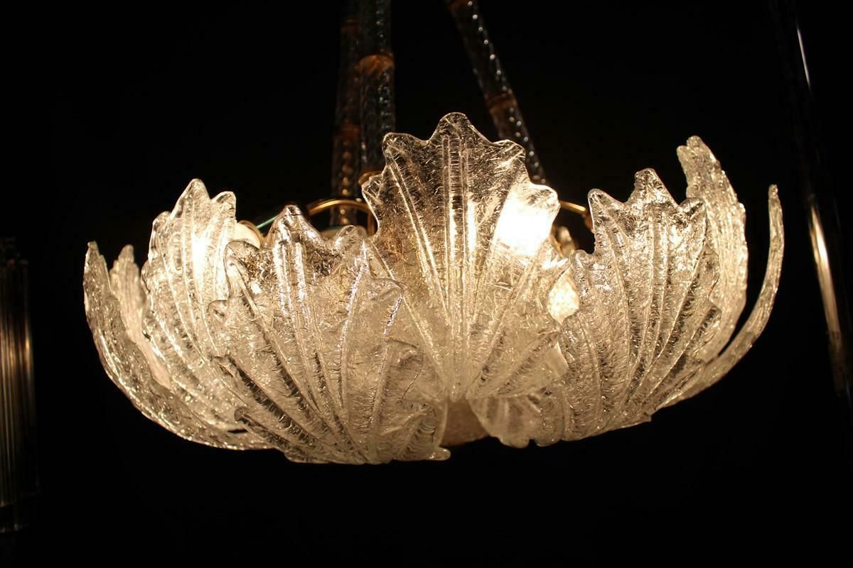 Round Italian Flowered Chandelier From The 70s In Murano Glass. Brass Parts With Golden Plate photo Lighting