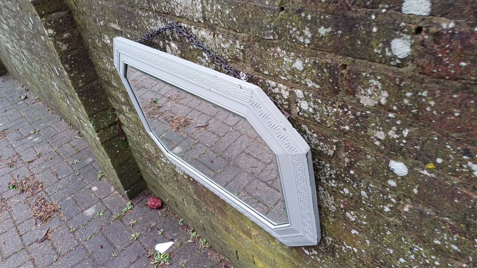 photo furniture Bespoke Upcycled Large Light Green Painted Hexagonal Quality Oak Mirror. 1930s. Bevelled Glass.