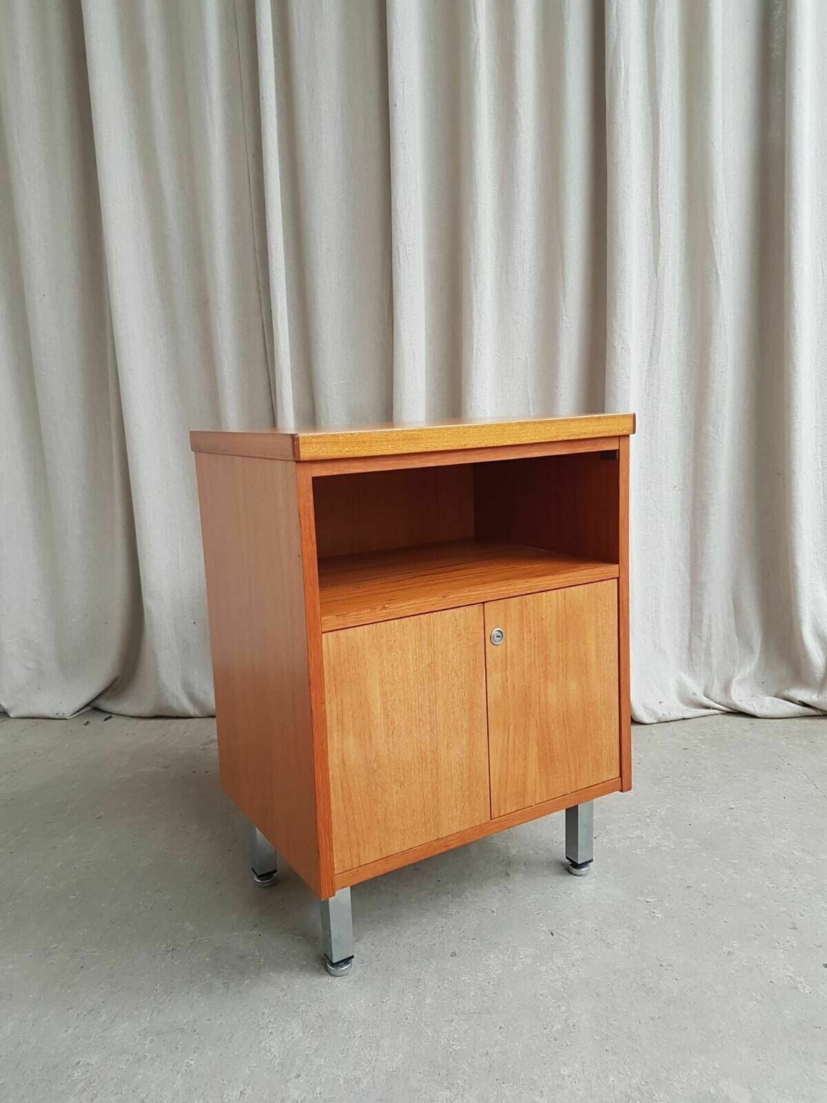 Vtg Mid Century Teak Side Bedside Media Office Cabinet Cupboard Retro photo vinterior