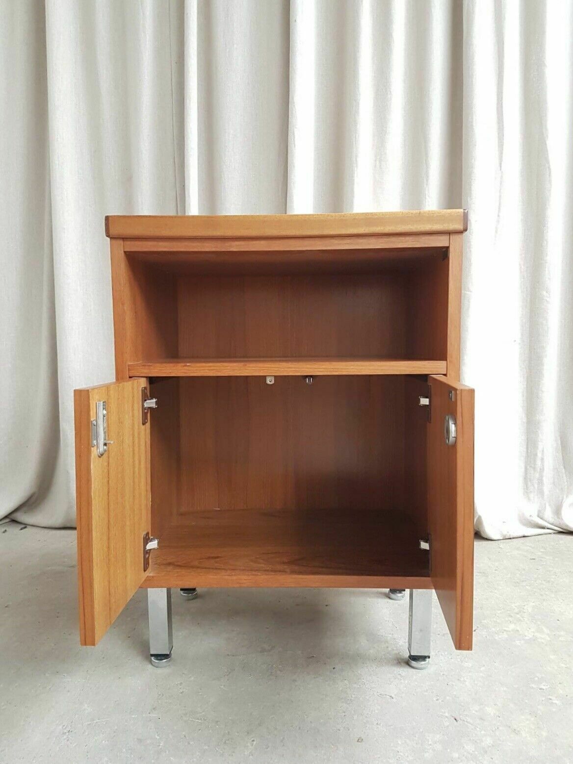 Furniture Vtg Mid Century Teak Side Bedside Media Office Cabinet Cupboard Retro photo
