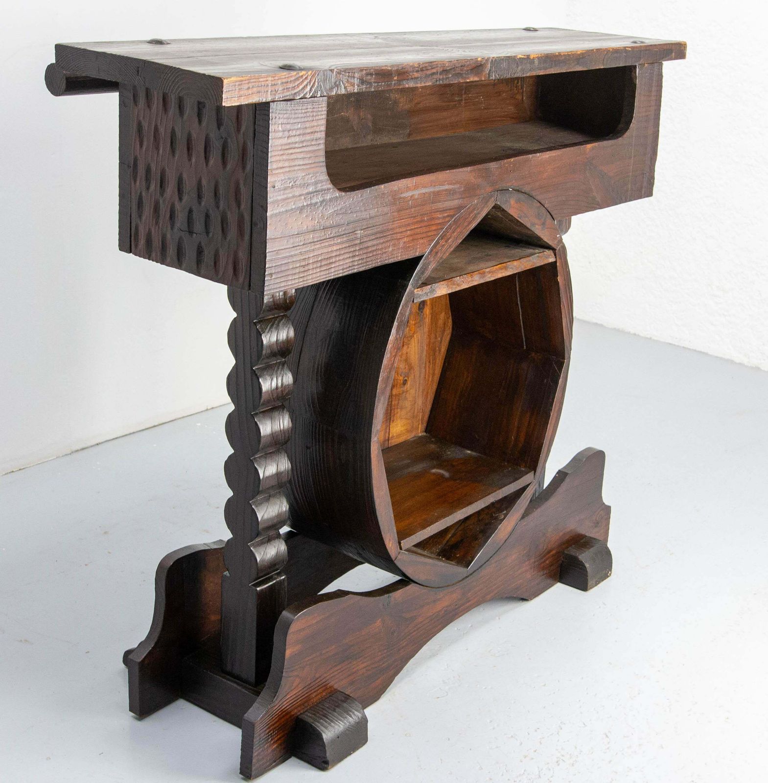 Spanish Vintage Barrel Bar Cocktail Furniture Pine Tree Wrought Iron Mid Century photo vinterior
