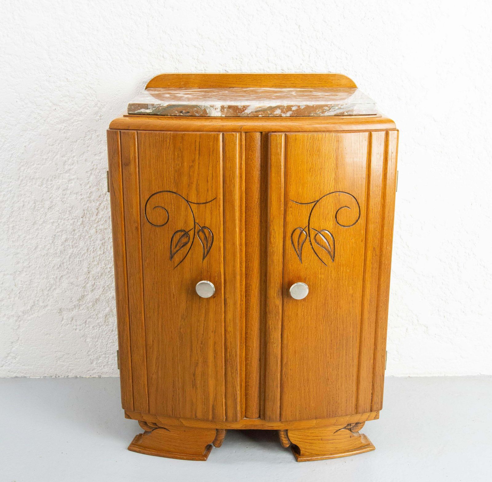 French Mid Century Oak & Marble Top Little Cabinet, Circa 1960 photo furniture