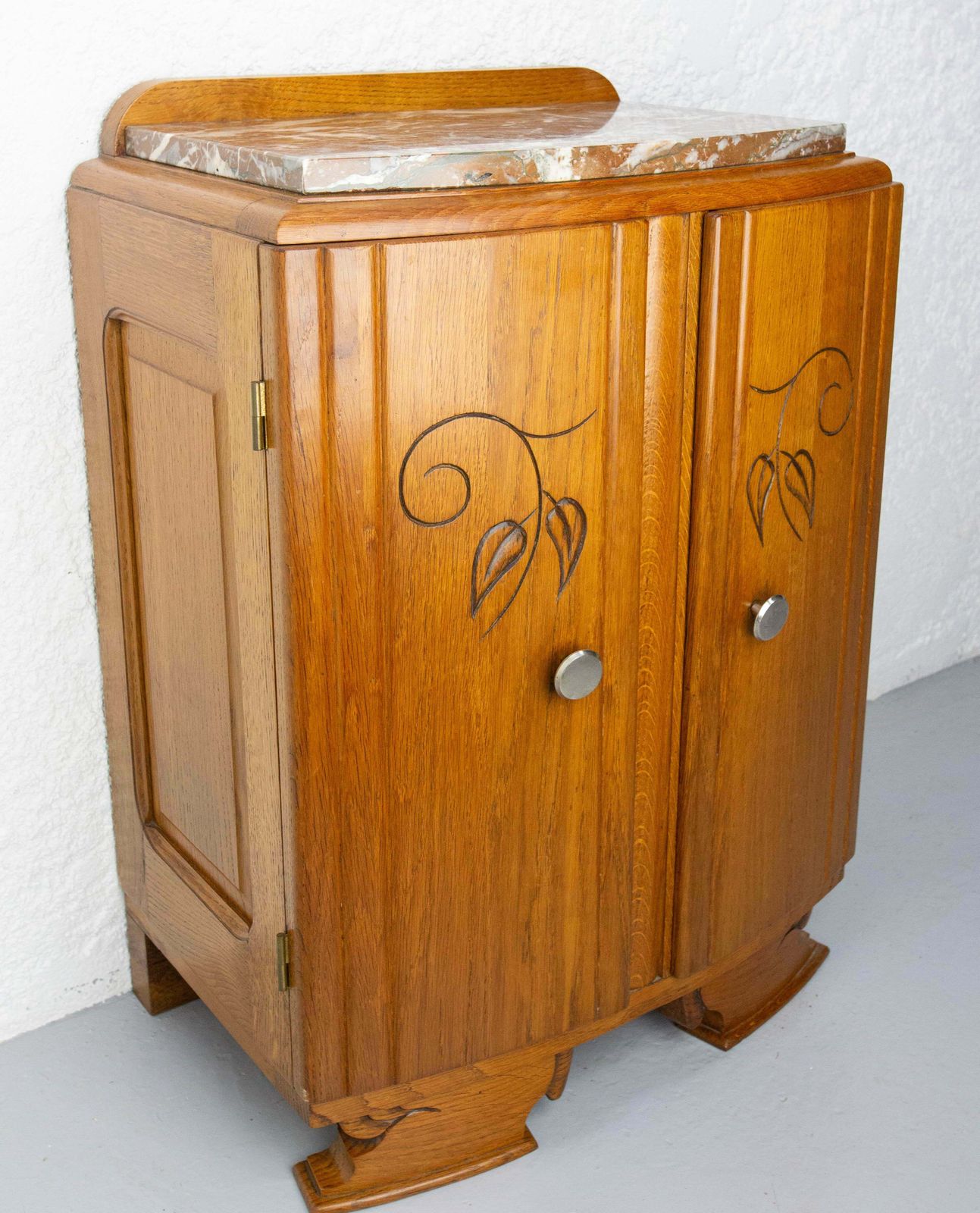 French Mid Century Oak & Marble Top Little Cabinet, Circa 1960 photo for sale