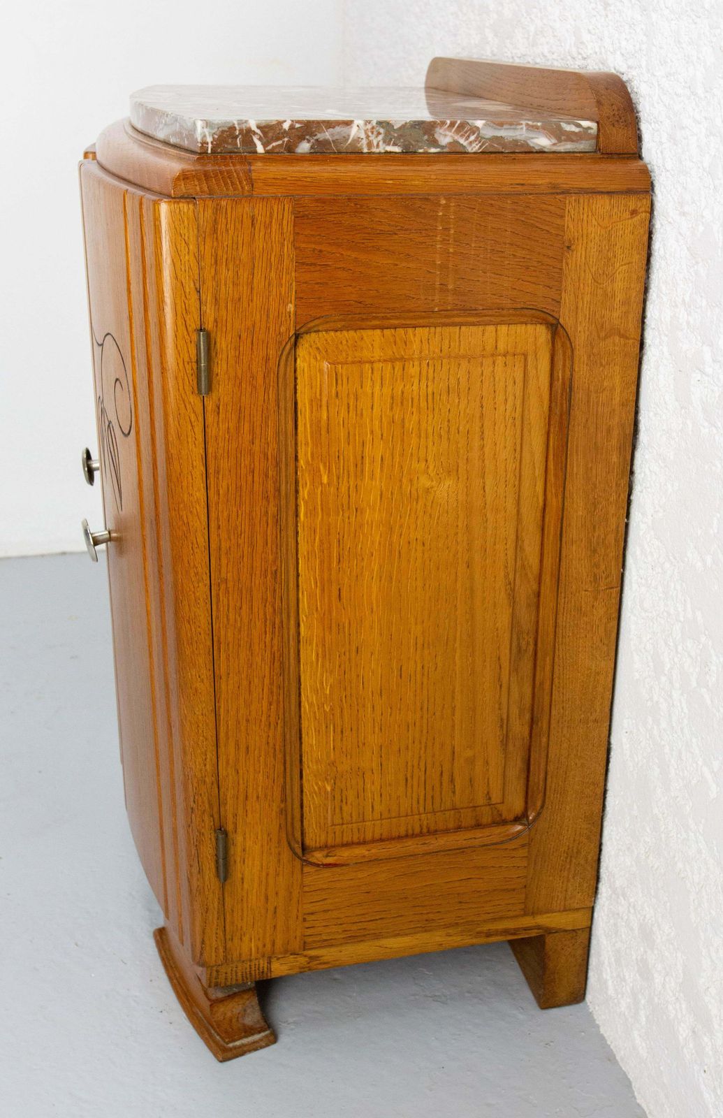 French Mid Century Oak & Marble Top Little Cabinet, Circa 1960 photo Furniture