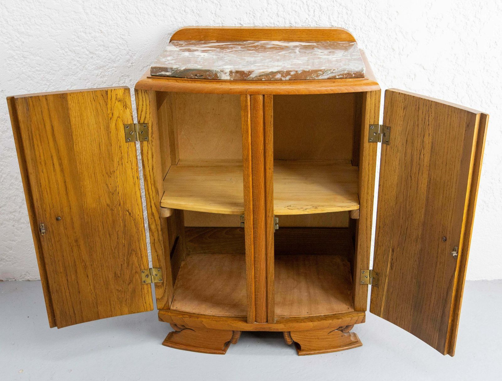 French Mid Century Oak & Marble Top Little Cabinet, Circa 1960 photo vinterior
